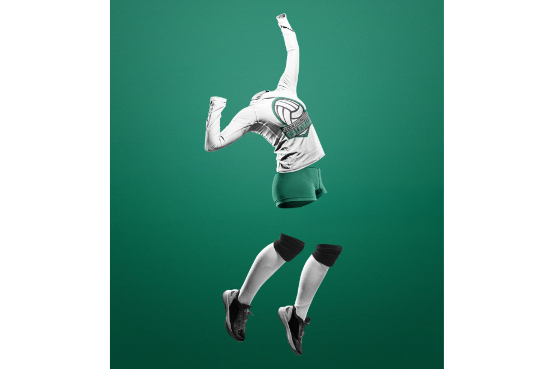 Composite image of a soccer player in athletic gear, with the upper body and head replaced by a basketball and a shirt with a logo, floating against a green background.