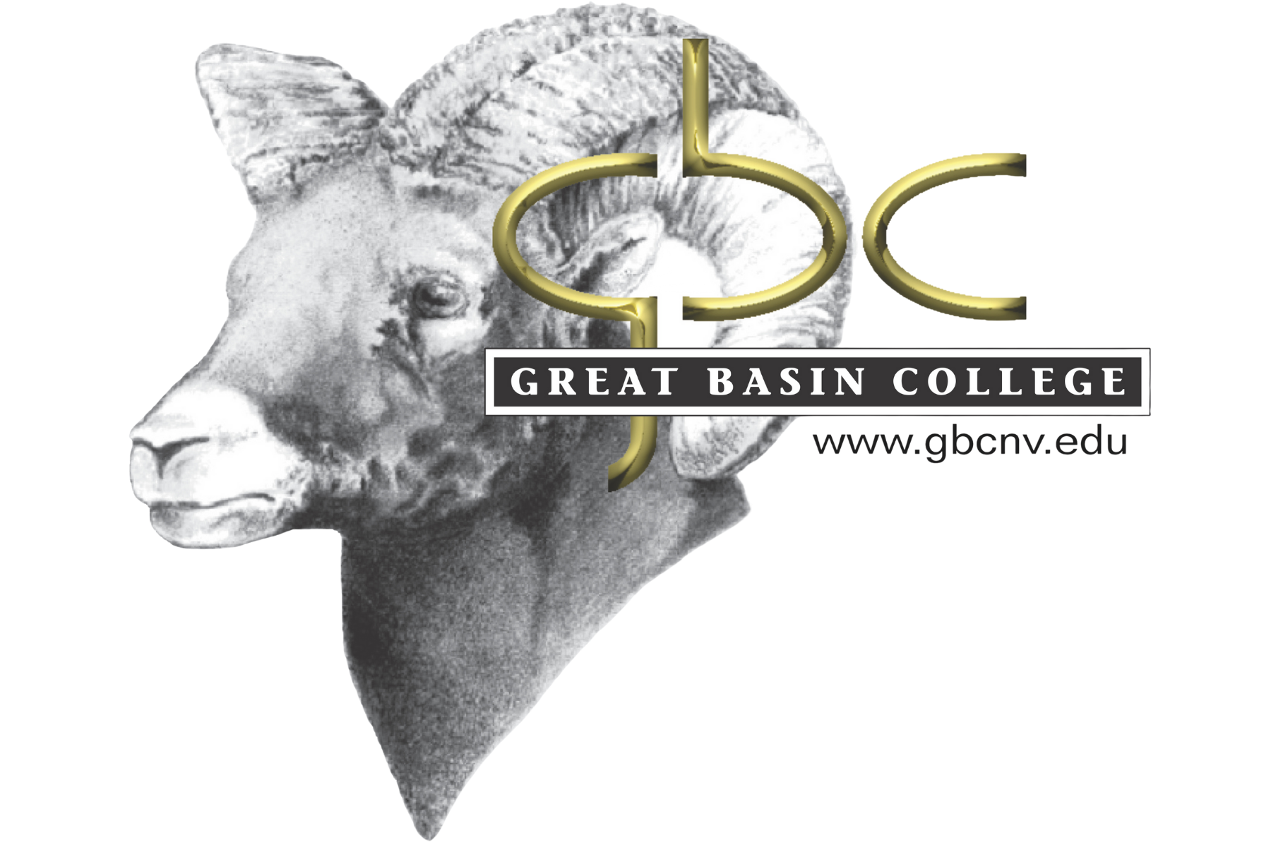 Logo for Great Basin College featuring a bighorn sheep with a grayscale image, a gold logo, black and white text, and the website www.gbcnv.edu.