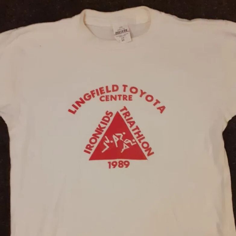T-shirt from the first triathlon @oldtriathlonstuff ever did. I was 16. So no longer kid-enough to enter. I was doing local sprints by then. While imagining Slough was just like San Diego.