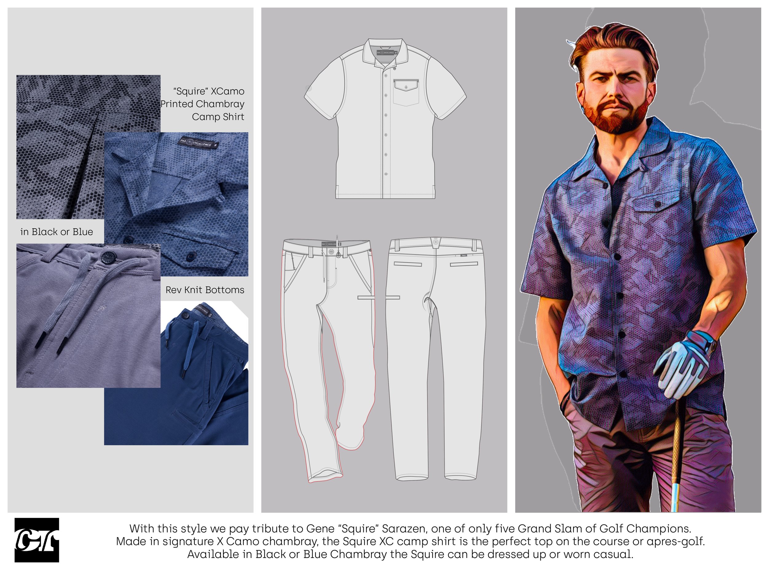 Updating retro camp shirt style with the signature X Camo print provided apres golf clubhouse looks.