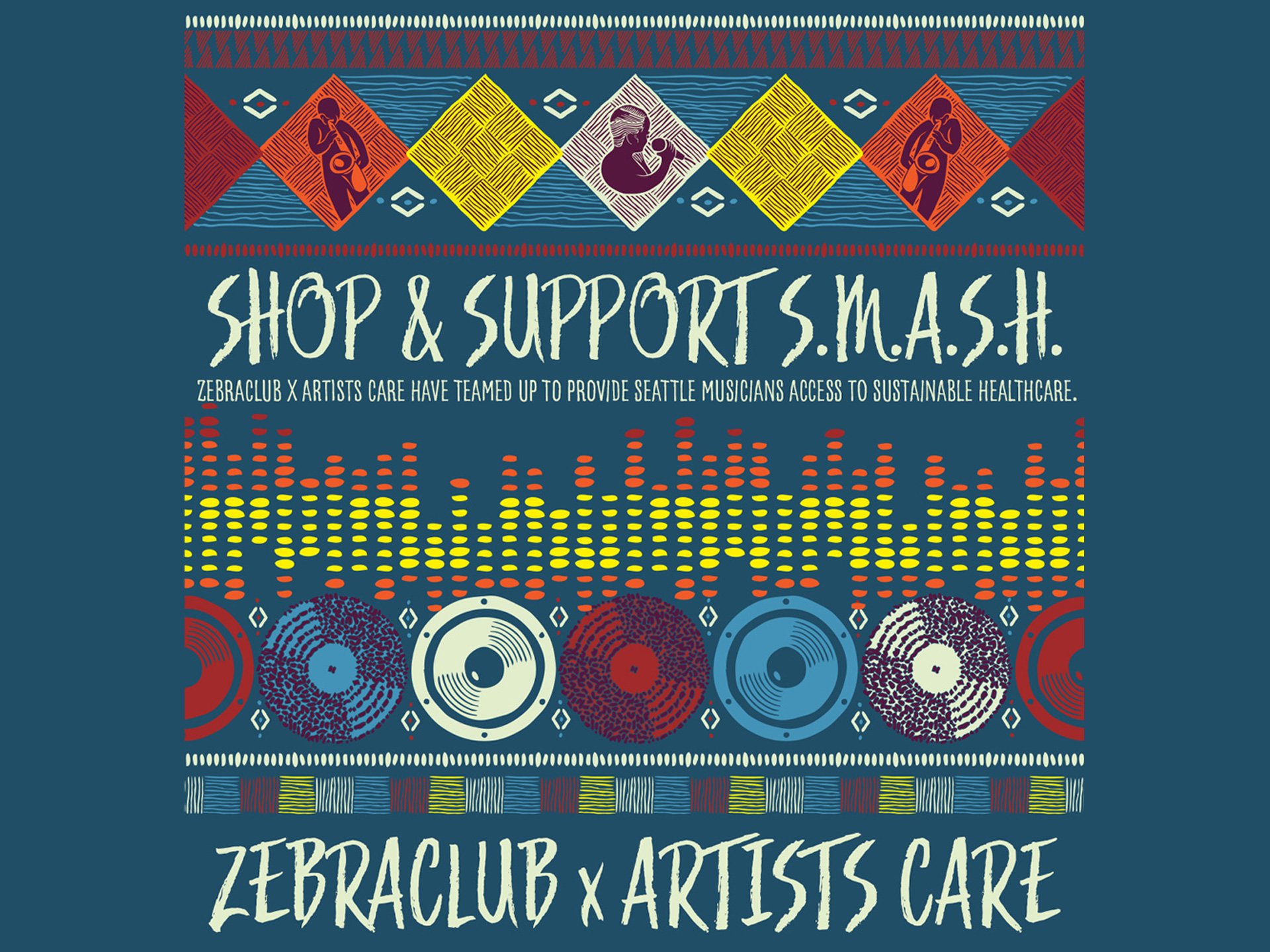 Poster Design for SMASH Seattle (Seattle Musician's Access to Sustainable Healthcare). Pro Bono Design Work to raise funds for out of work musicians during the pandemic.