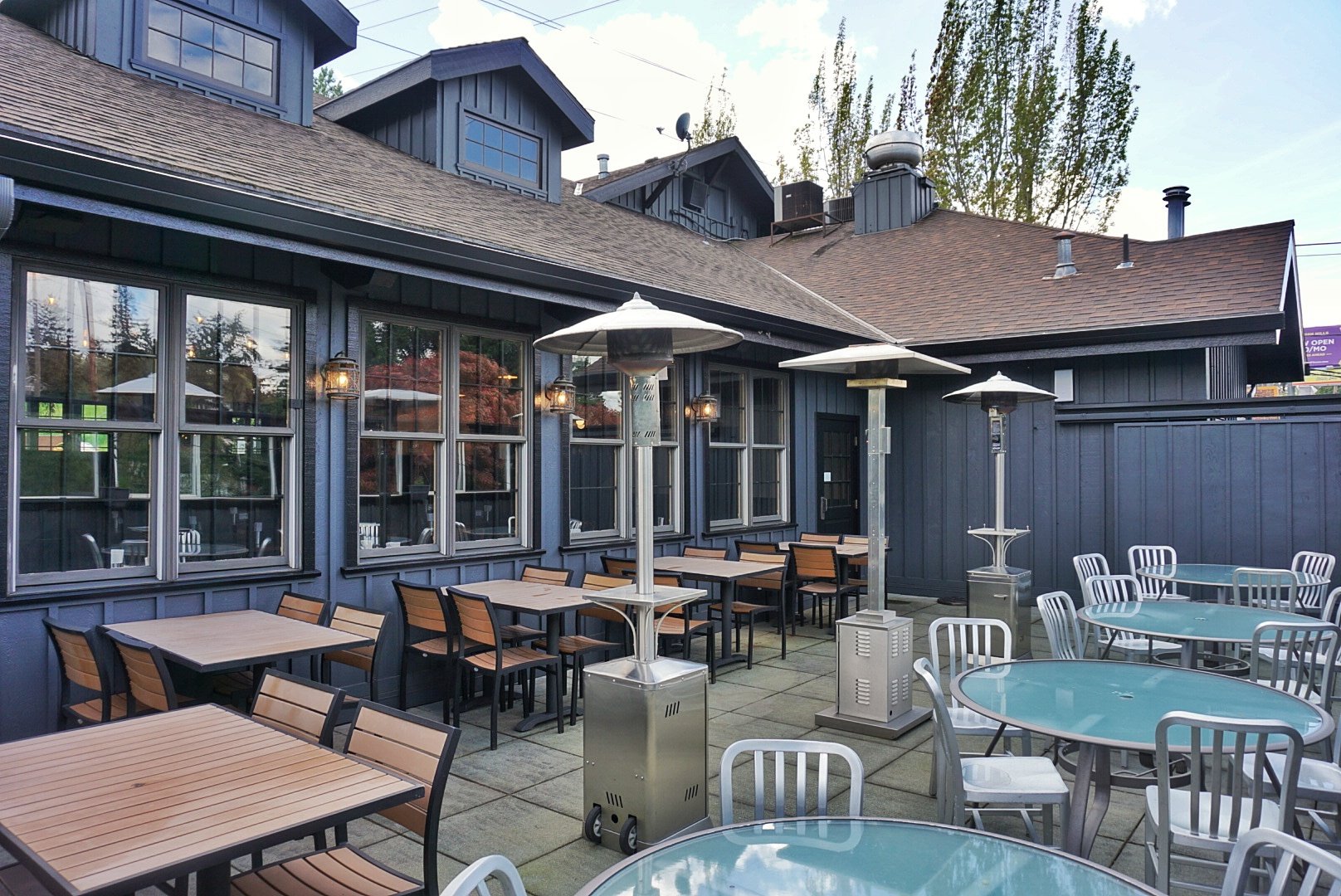 enclosed patio outside sunken beer hall section