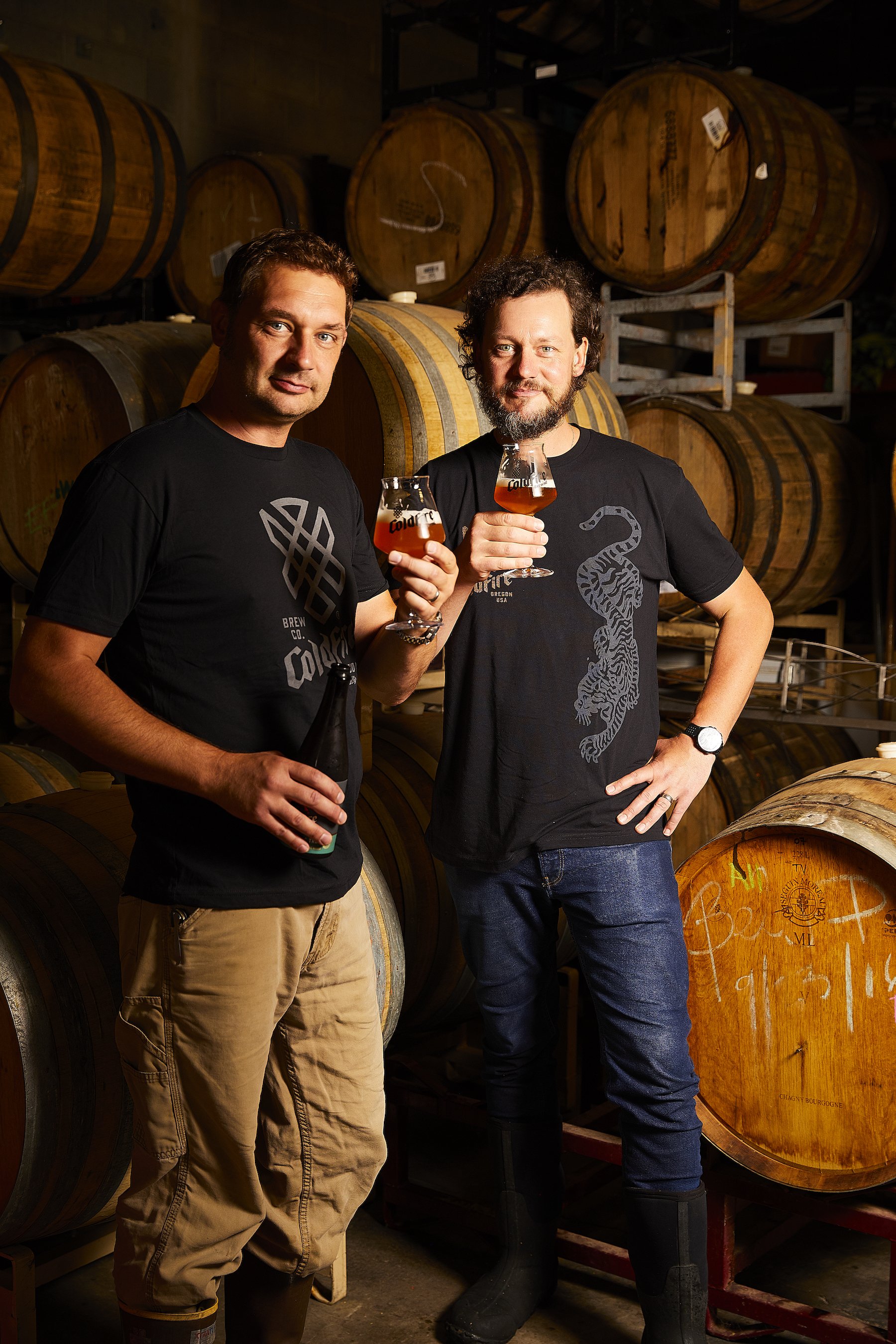 ColdFire Brewing owners Dan and Stephen Hughes barrels.jpg