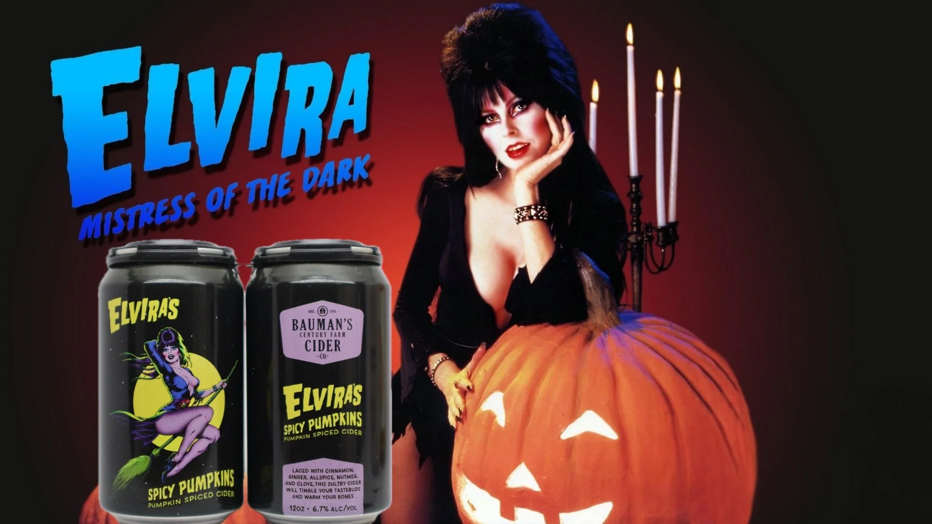 Elvira’s Spicy Pumpkins collaboration with Bauman’s Cider and Mistress of the Dark