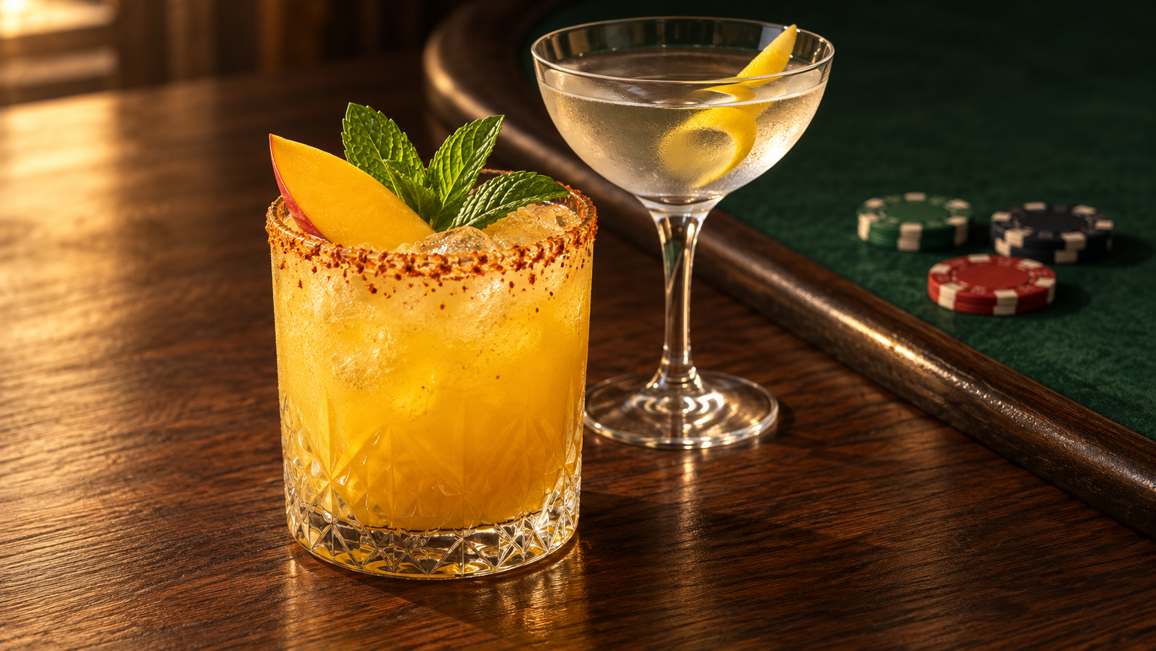 Golden mango agua fresca beside a lemon-garnished cocktail and unbranded casino chips