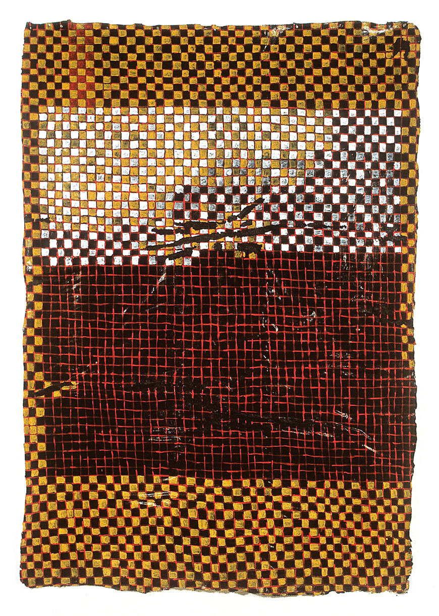   Checkered Manuscript , 1979, cheesecloth, latex enamel, gesso, 83  x 58 inches 