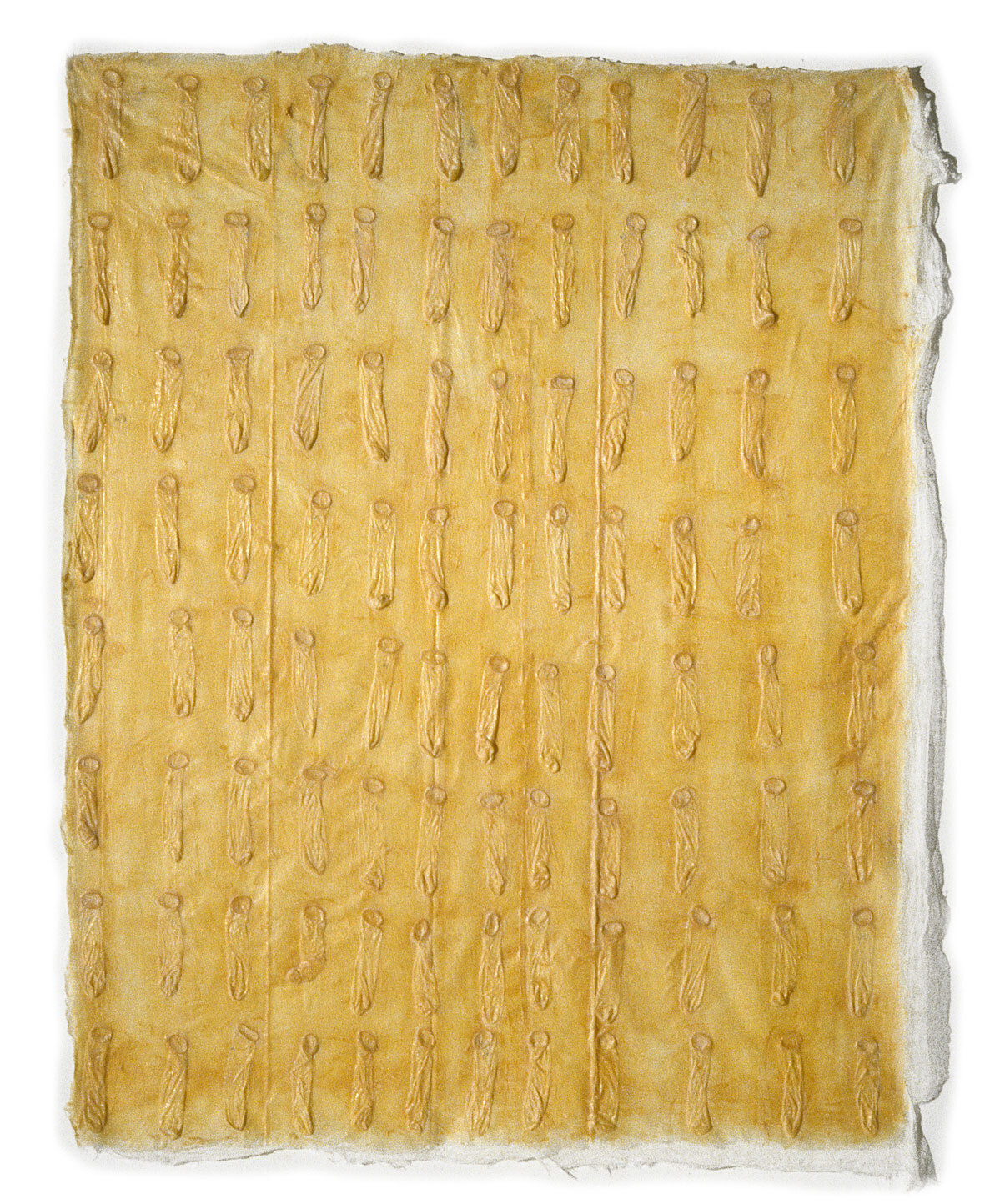   Condom Relief Piece No. 1 , 1971, rubber latex, condoms, cheesecloth, 82 x 64 inches 