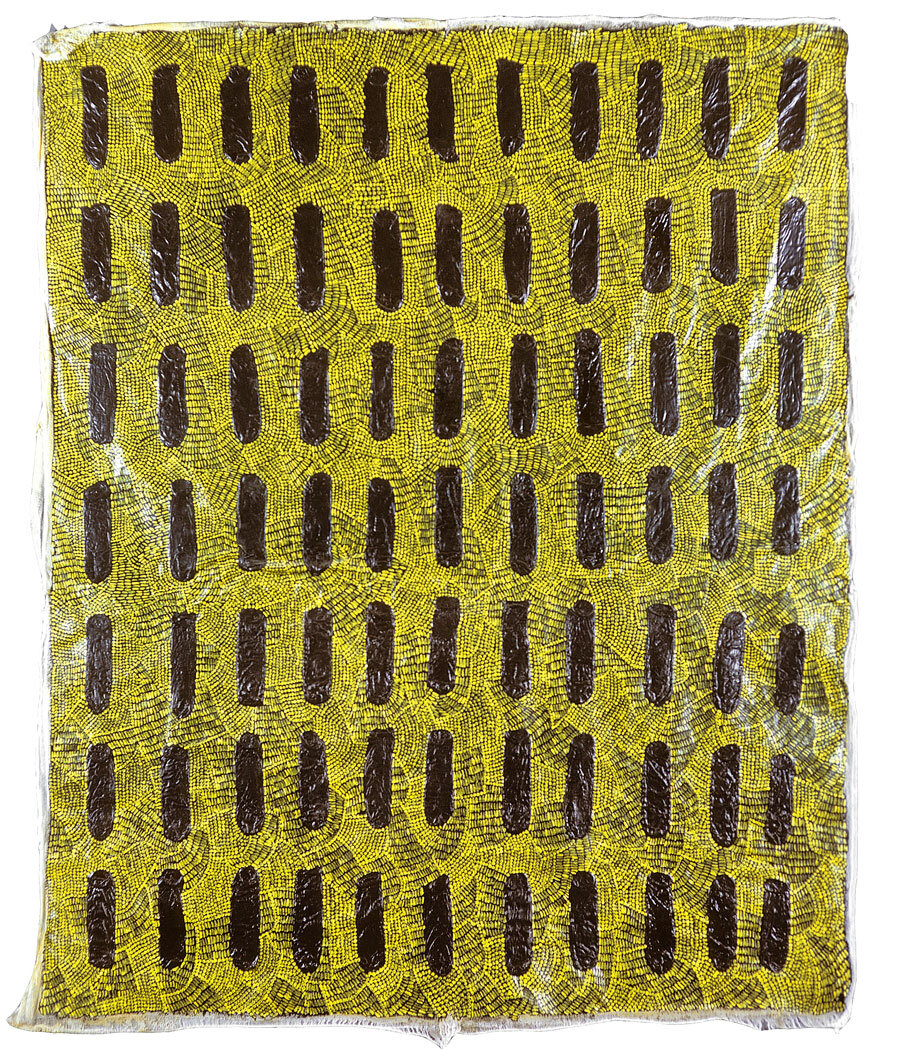   Yellow Condom Relief Piece , 1971, gacoflex, condoms, cheesecloth, acrylic, neoprene, rubber latex, 75 1/2 x 61 inches 