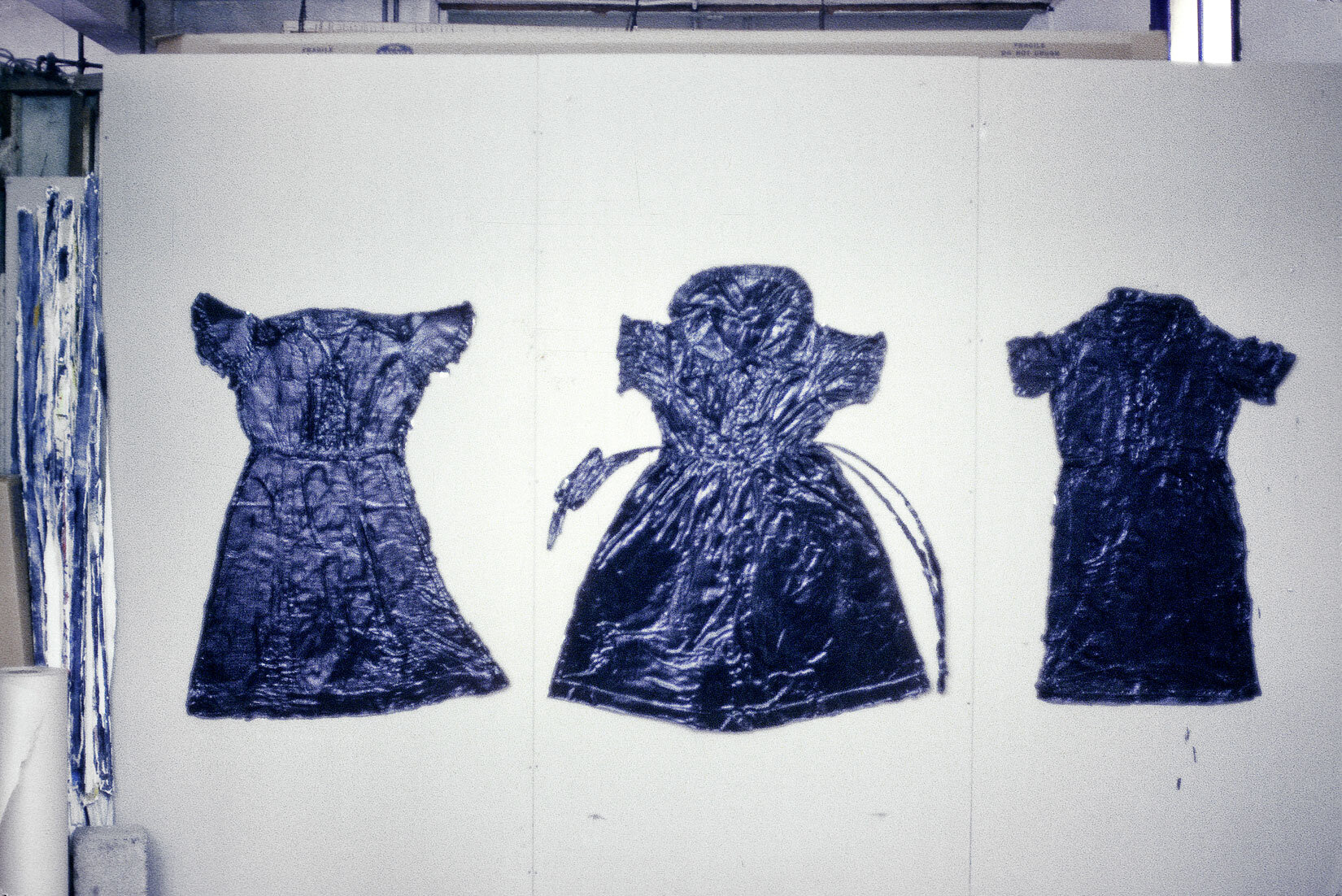   Black Dress Tryptych No. 1, 2 and 3 , 1978, acrylic latex enamel, 40’s cotton dresses 