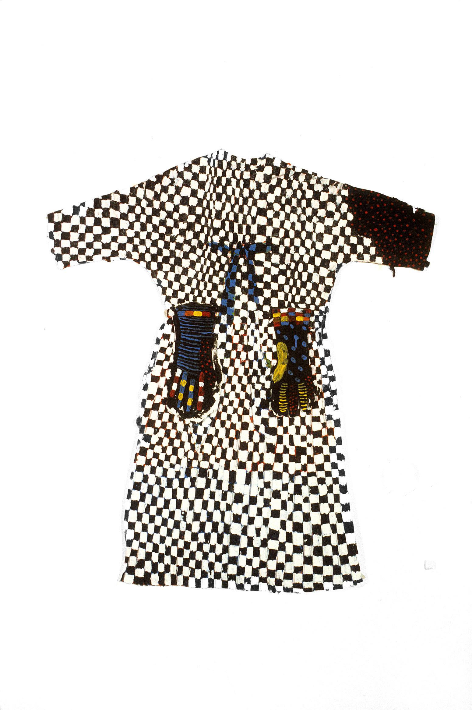   The Checkered Dress , 1979, wool pleated dress, gesso, latex enamel, acrylic, 43” x 38” 