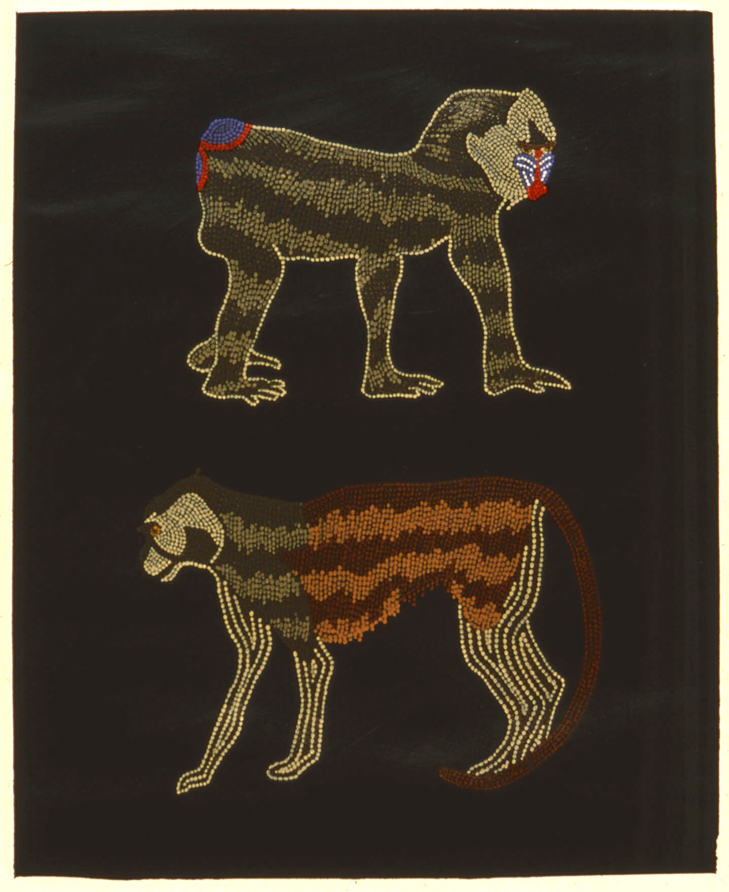   Mandrill Baboon &amp; Hussar Monkey , 1973, acrylic, paper, 14 x 17 inches.  Collection of Roger Clisby. 