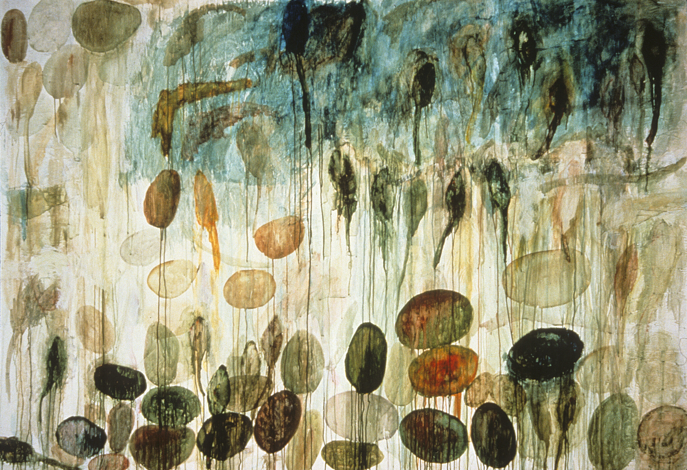   Stones, Leaves, Seeds and Water , 1989, acrylic, vellum on canvas, 63 x 84 inches 