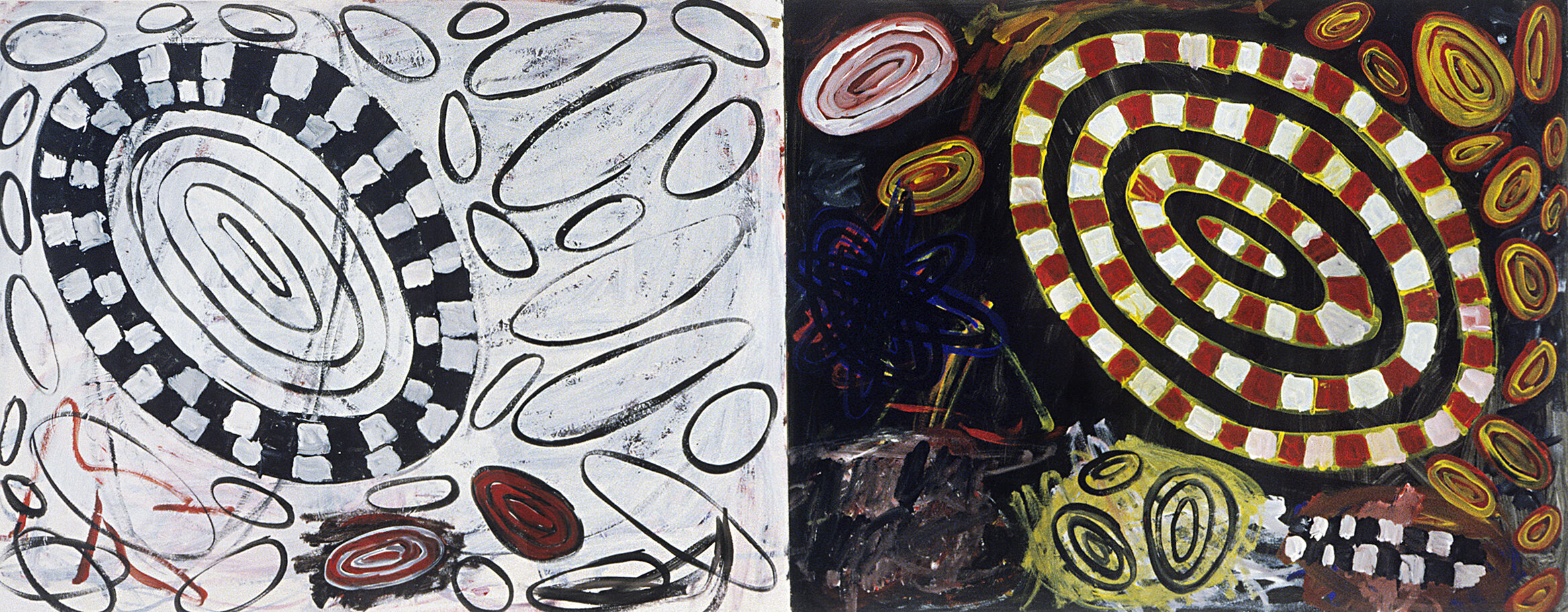   Galaxies — Black and White and Color , 1983, acrylic on paper, 29 x 58 inches 