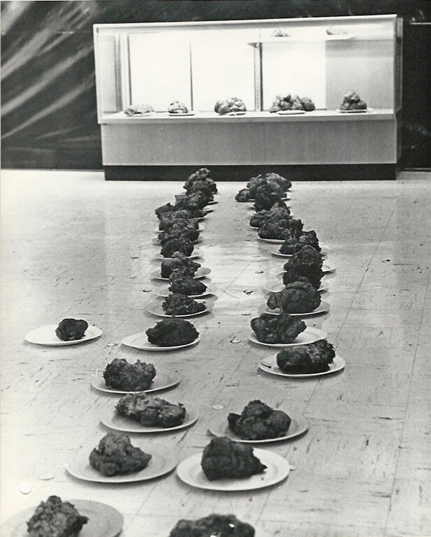   Shit Show , 1968, Detail, installation, dried horse manure, paper plates, tag labels, string, black polyethylene, University of Colorado, Boulder 