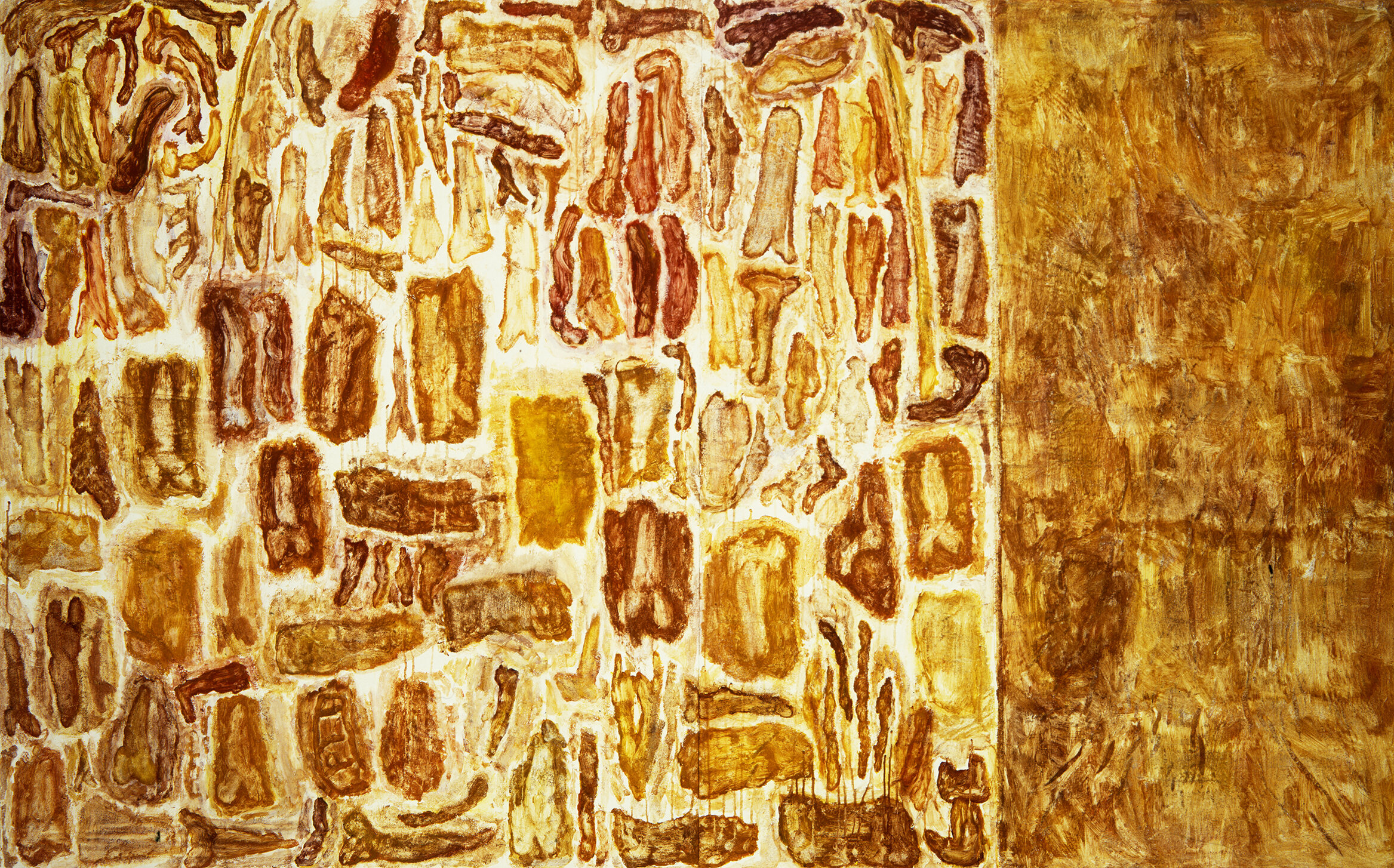   Toward the Corporeal , 1986, acrylic, cast gesso and gaze on canvas, 48 x 120 inches 
