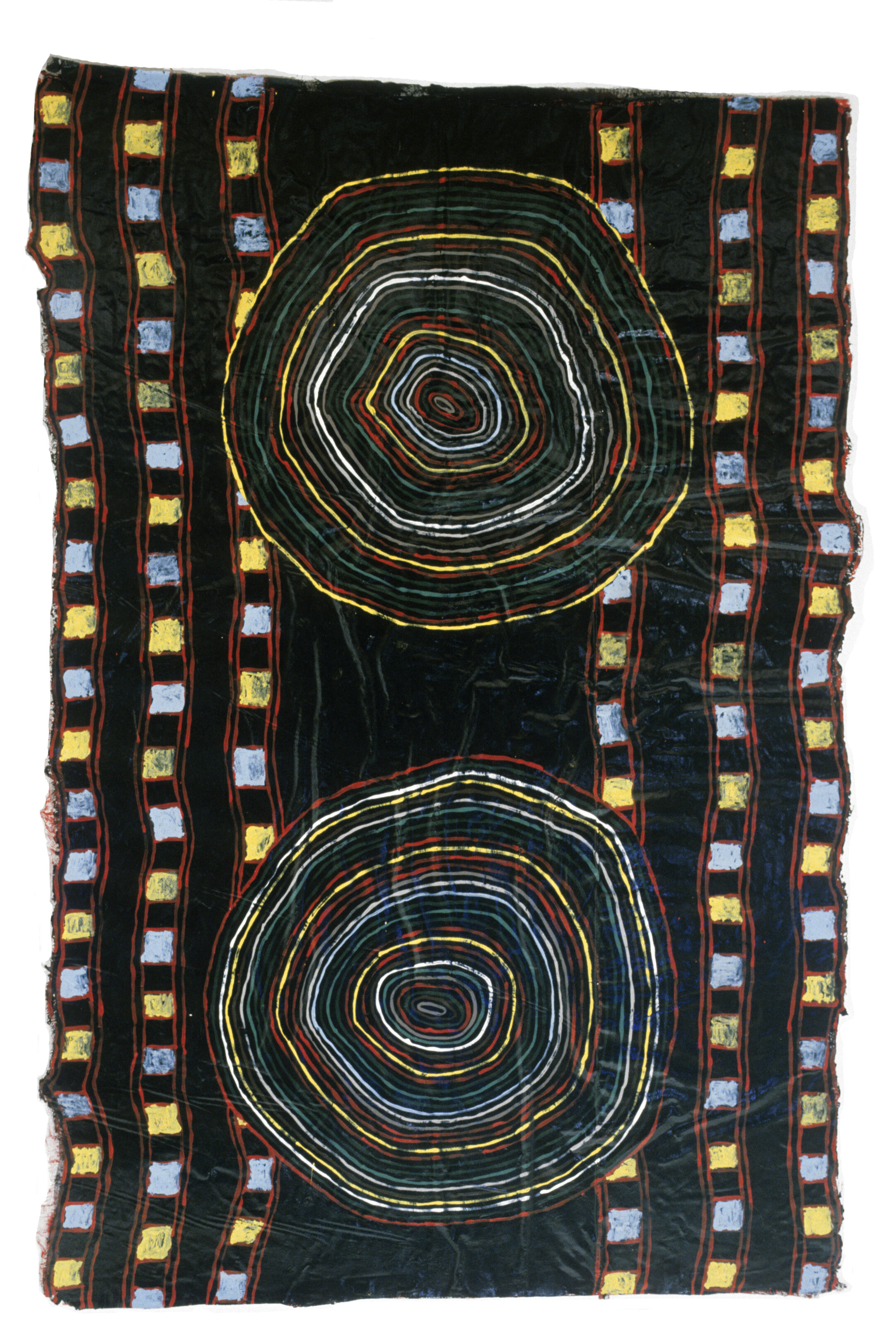   Medallions , 1982, cheesecloth, latex enamel, 82 x 56 inches   