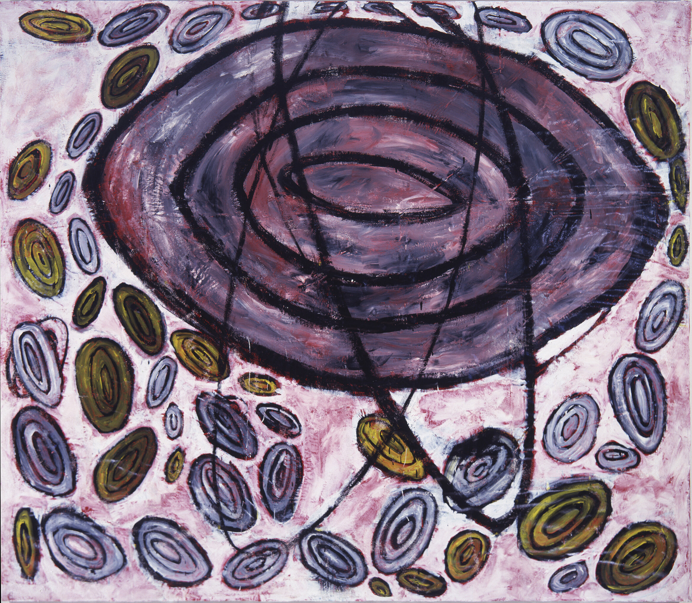   Heavenly Bodies Surrounded by Notables , 1983, acrylic, latex enamel, gauze, on canvas, 72 x 84 inches. Exhibited Southeastern Center for Contemporary Art, Winston-Salem, North Carolina  copy 