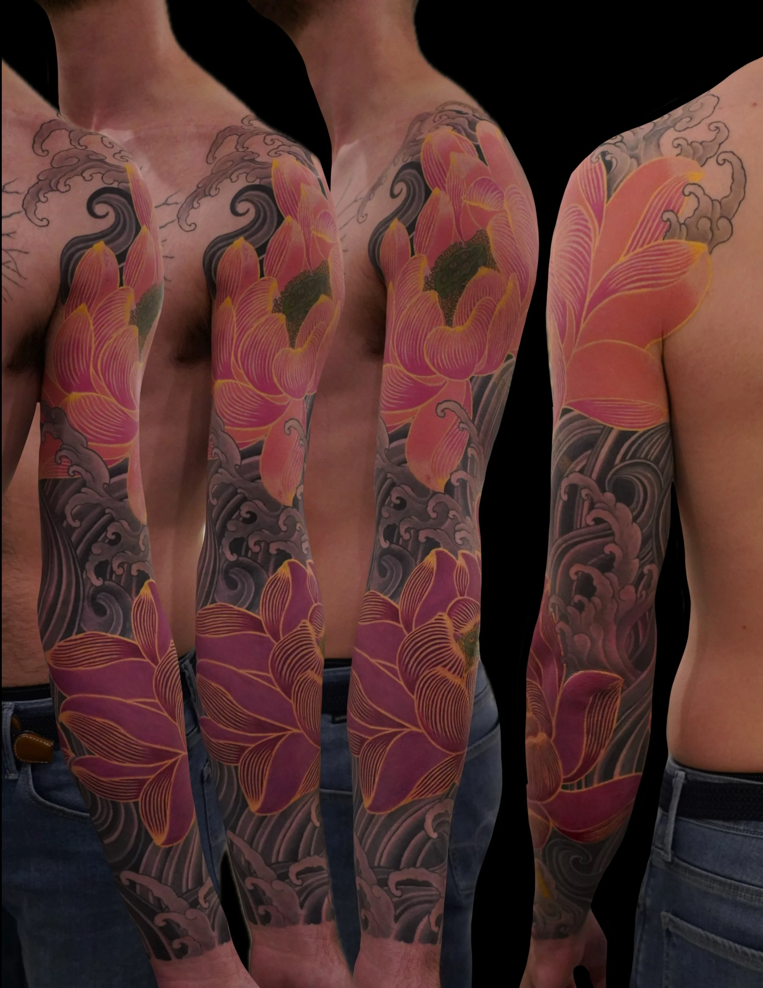 Close-up of a person's arm with a vibrant Japanese-style tattoo featuring large pink and orange lilies and dark waves.