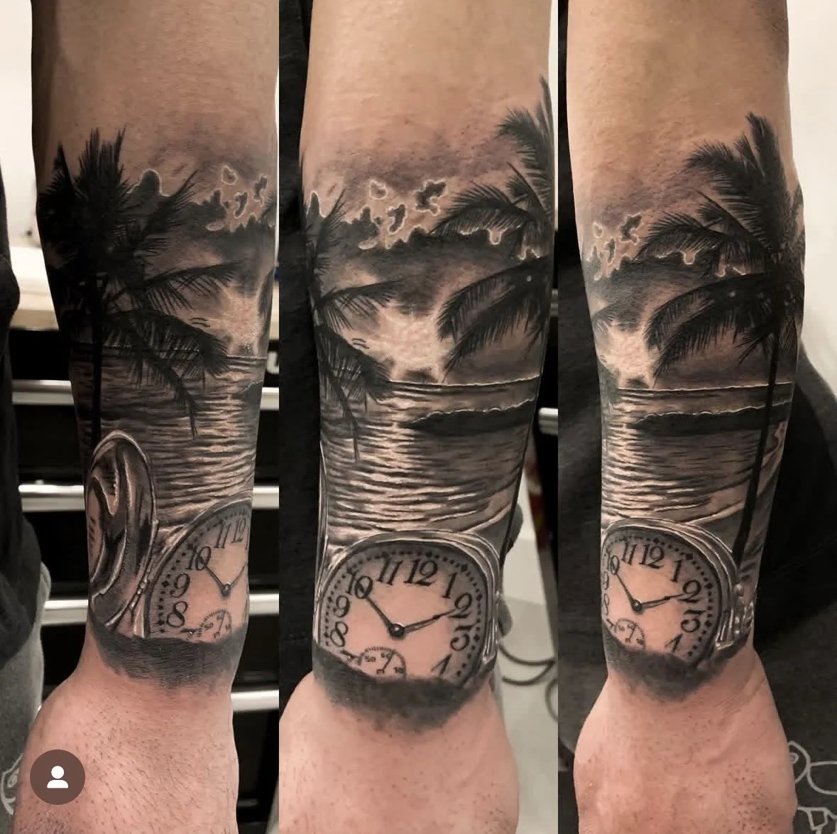 Tattoo of a sunset scene with palm trees over the ocean, including a pocket watch with the time showing approximately 10:09.