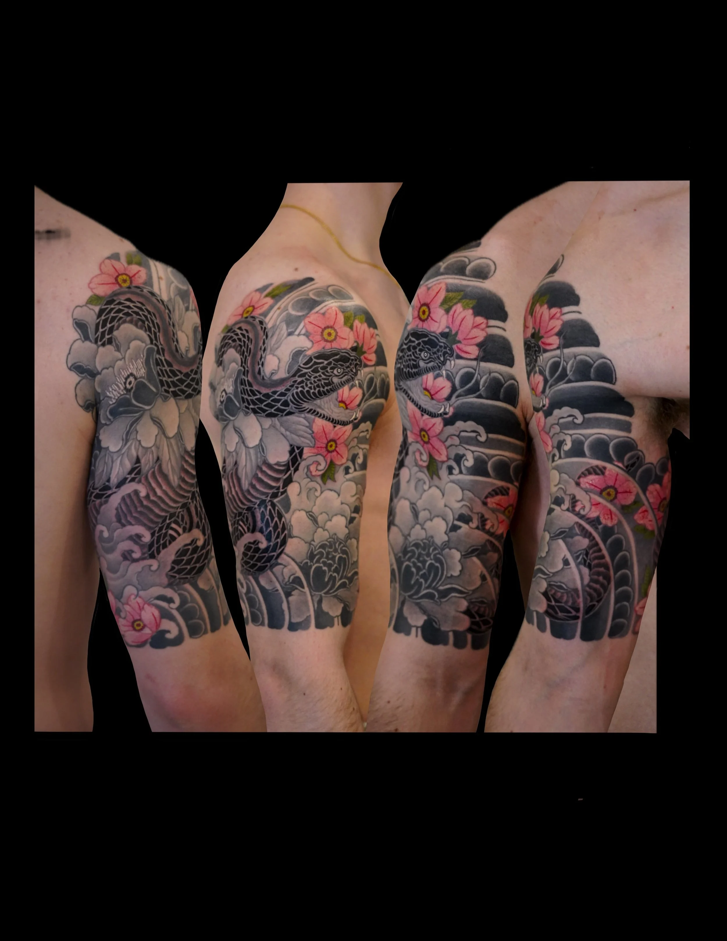 Close-up of a person's arm with a detailed black and gray tattoo of a snake intertwined with pink flowers and clouds, viewed from multiple angles.