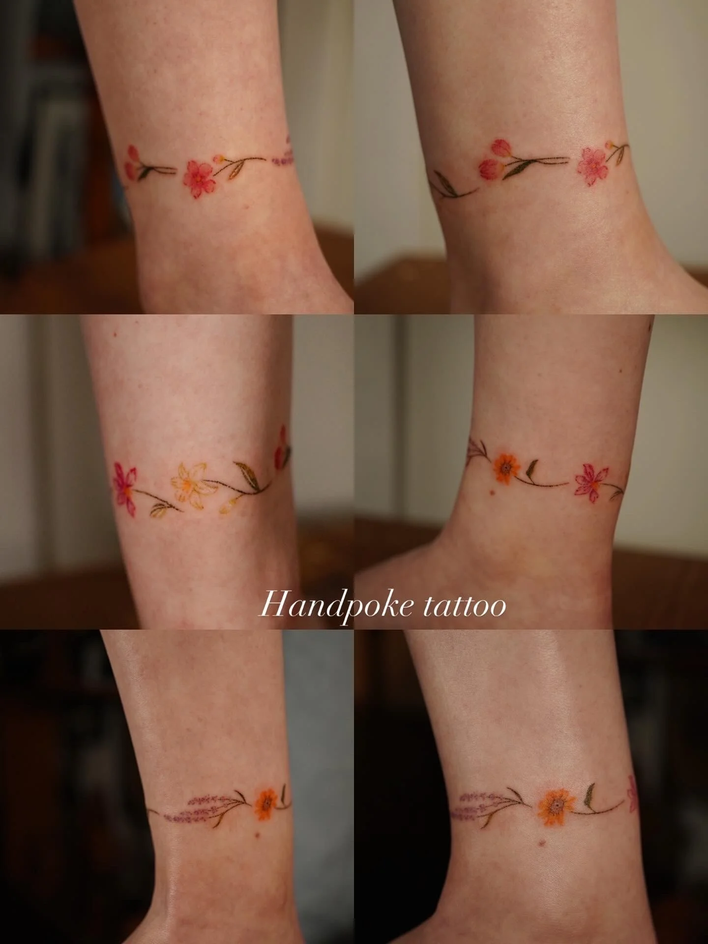 Multiple close-up views of a floral handpoke tattoo on an ankle, featuring pink, orange, and yellow flowers with green leaves and brown stems.