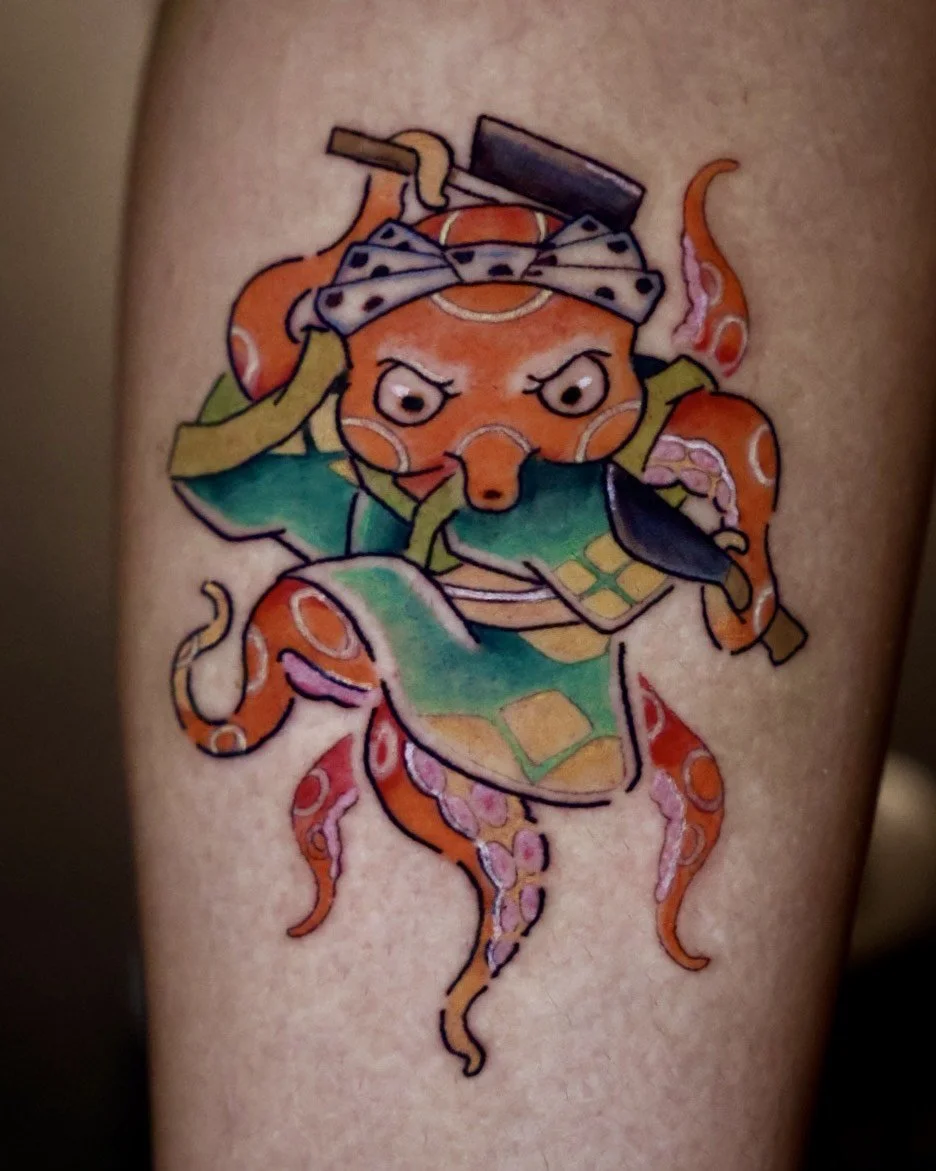 Tattoo of a cartoon octopus with a ninja mask, holding a hammer, with an angry face, and dressed in green clothing.
