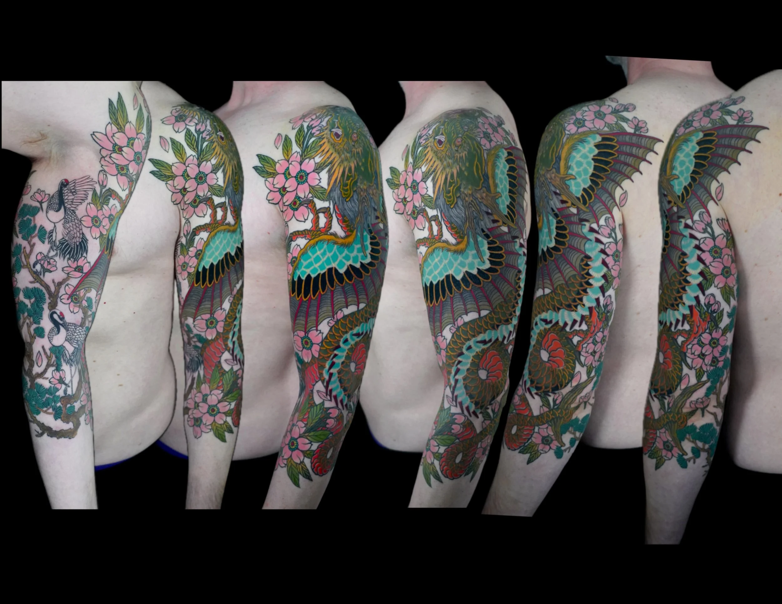 Multiple close-up views of a person's arm covered in elaborate Japanese-style tattoos featuring a phoenix, cherry blossoms, and cranes with a black background.