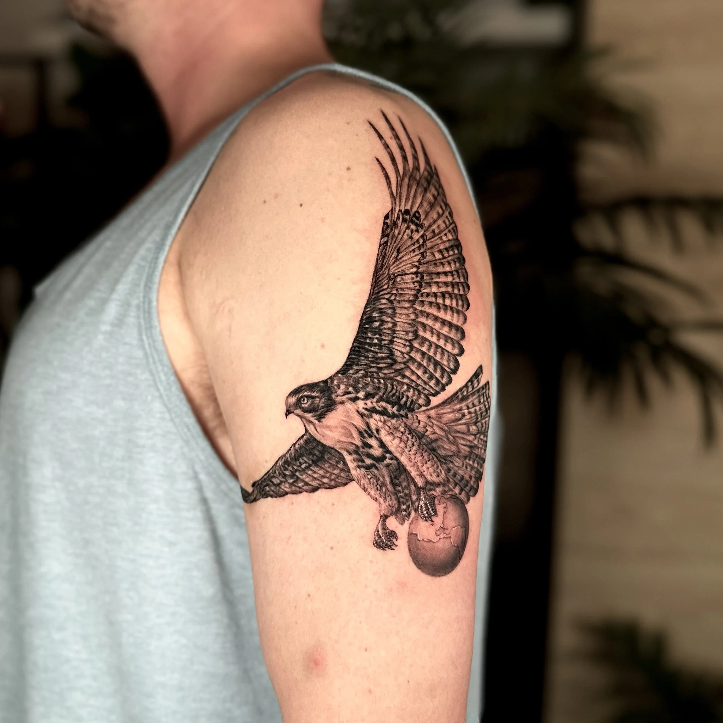 Tattoo of a hawk with wings spread, holding a globe in its talons, on a person's upper arm.