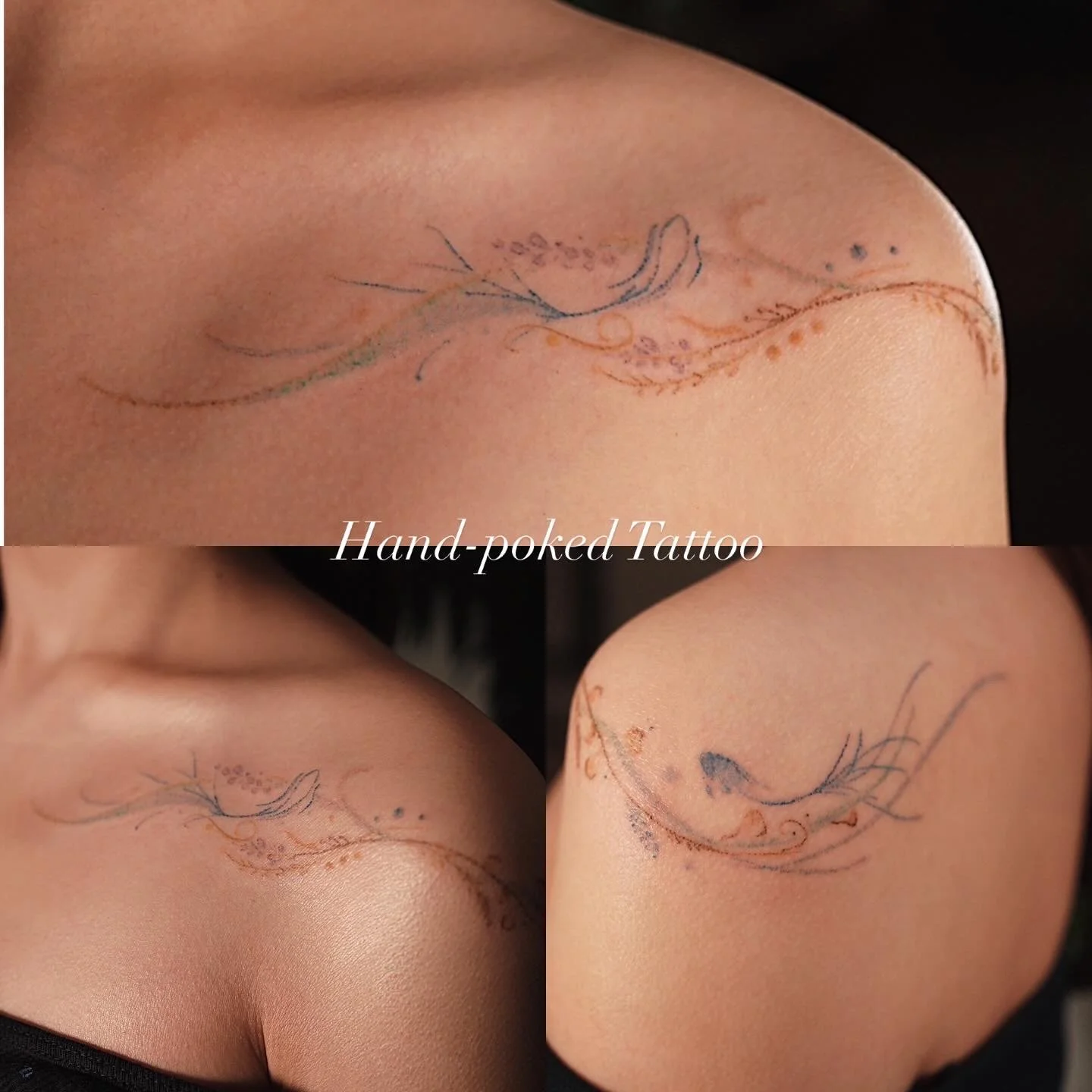 Close-up of a shoulder and collarbone with a delicate, hand-poked tattoo featuring abstract, flowing lines and dots in black and orange ink, with the text "Hand-poked Tattoo" overlaid.