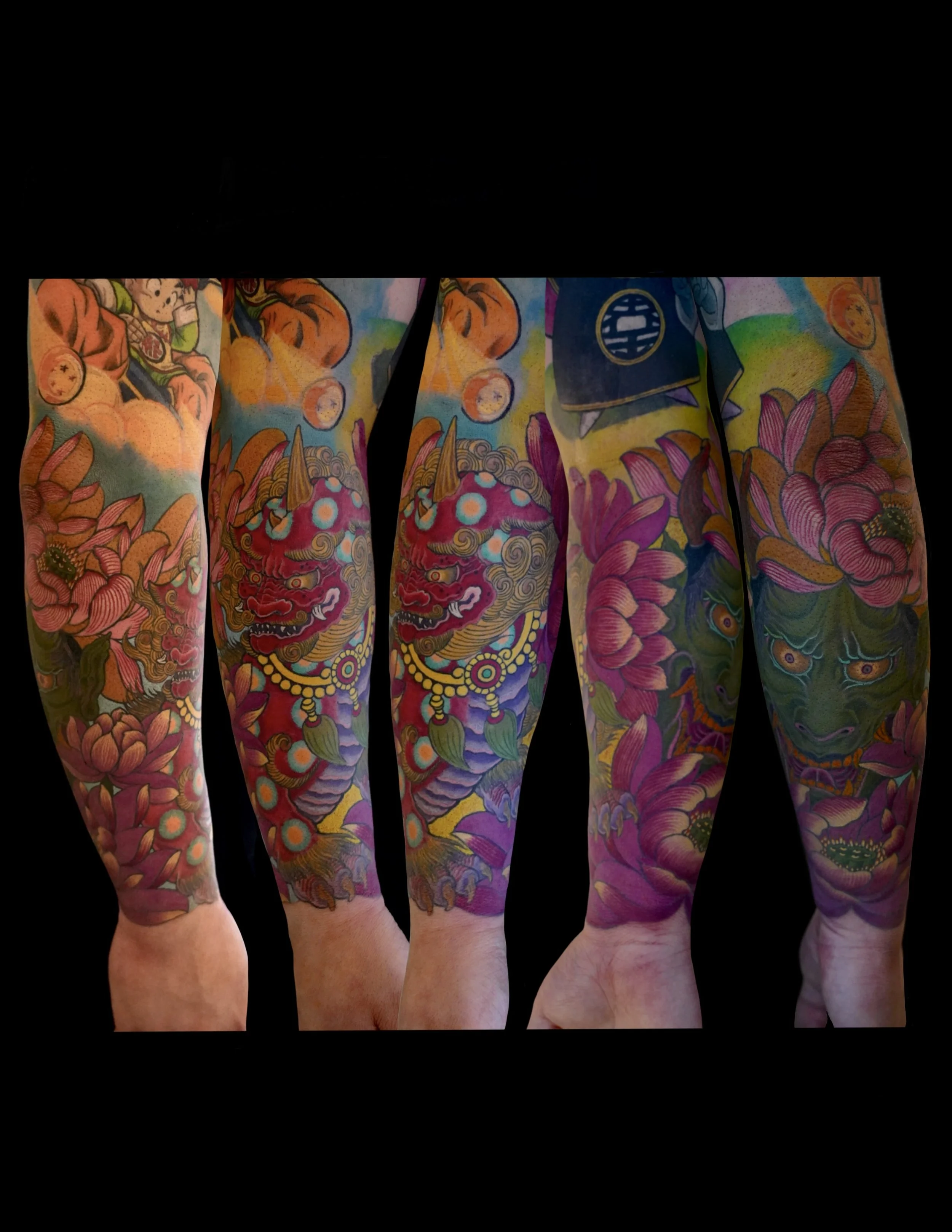 Colorful full sleeve tattoos featuring traditional Japanese style dragons, flowers, and faces, on four person’s arms, against a black background.