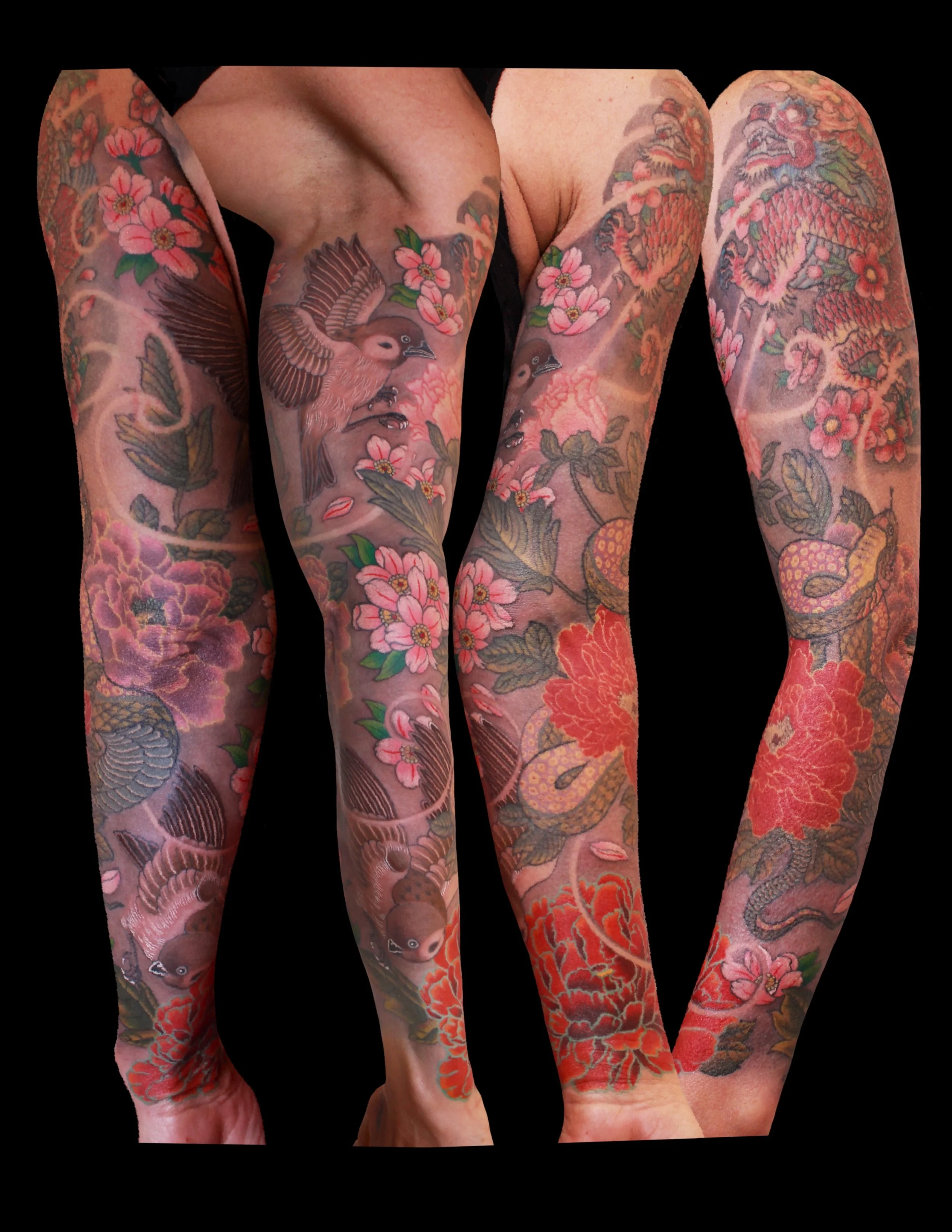 Four individuals with colorful Japanese-style tattoos featuring flowers, birds, and dragons.