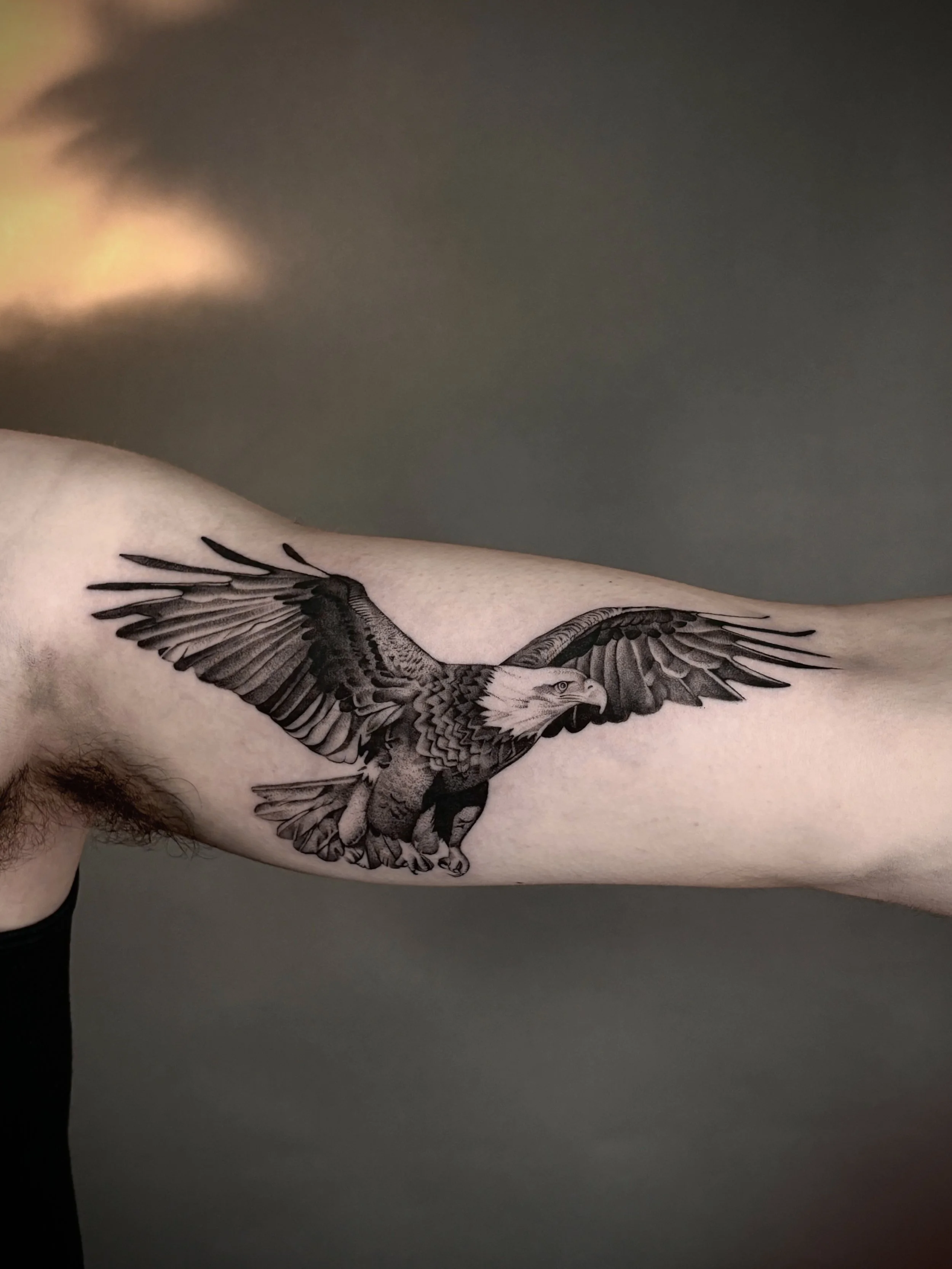 Black and gray tattoo of a bald eagle with wings spread, located on the person's upper arm.
