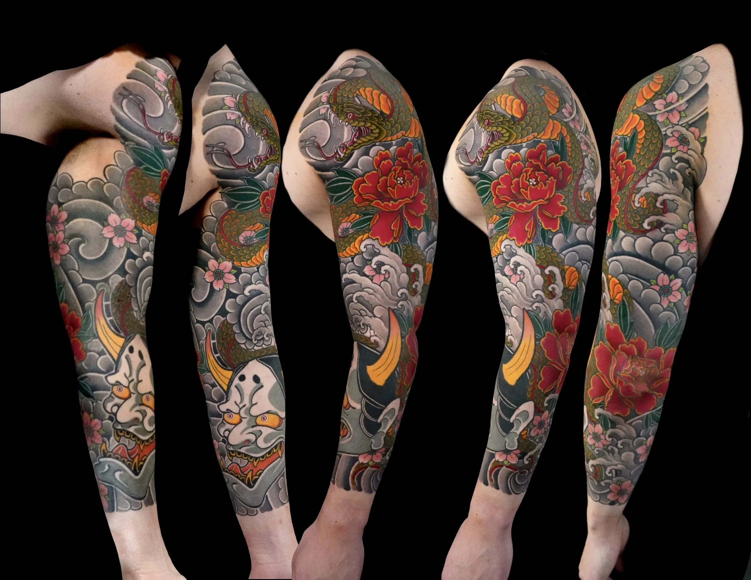 Colorful traditional Japanese style tattoo sleeve featuring a snake, dragons, cherry blossoms, and clouds on a person's arm.