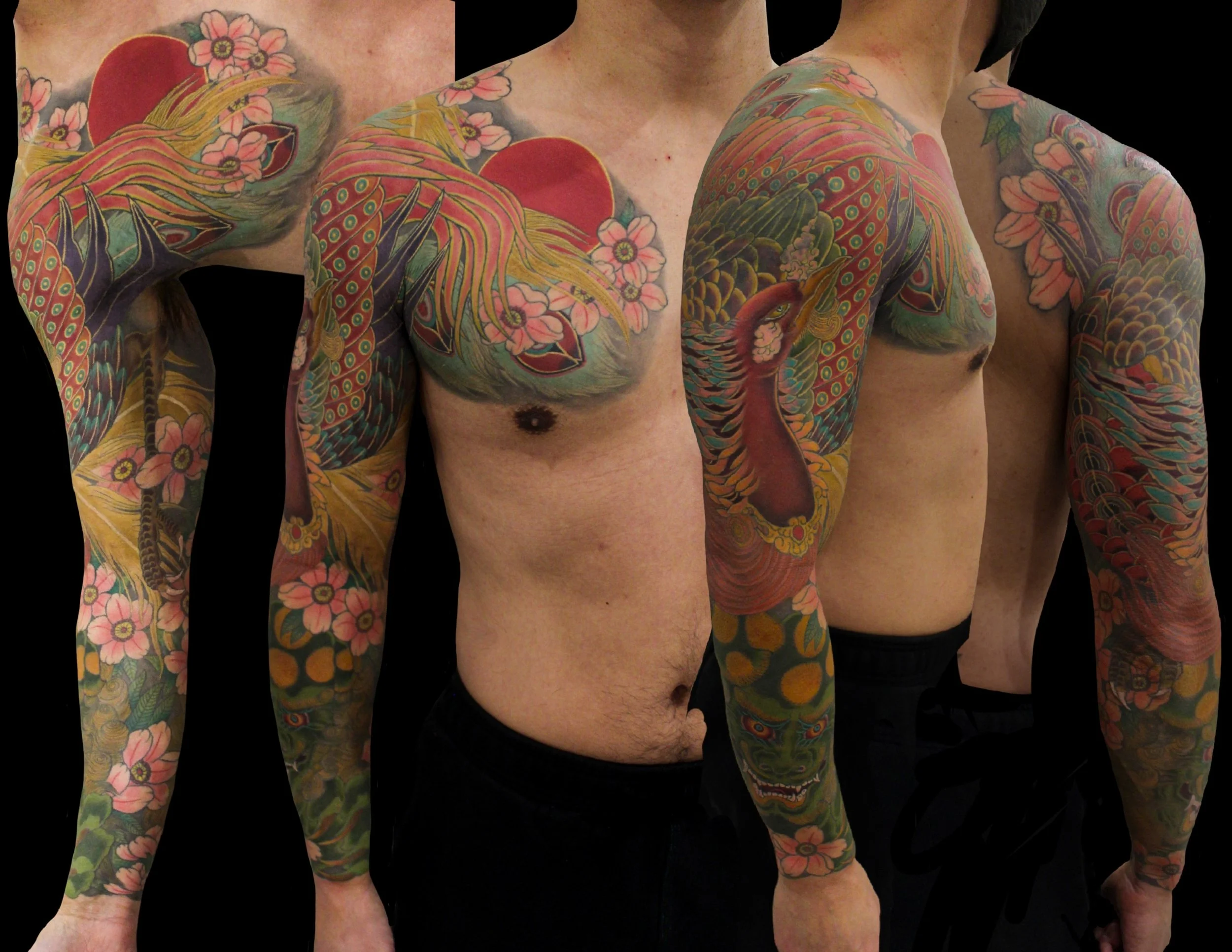 A person with extensive colorful tattoos covering both arms, chest, and shoulders, featuring floral and mythical designs including a dragon and palette of vibrant colors.