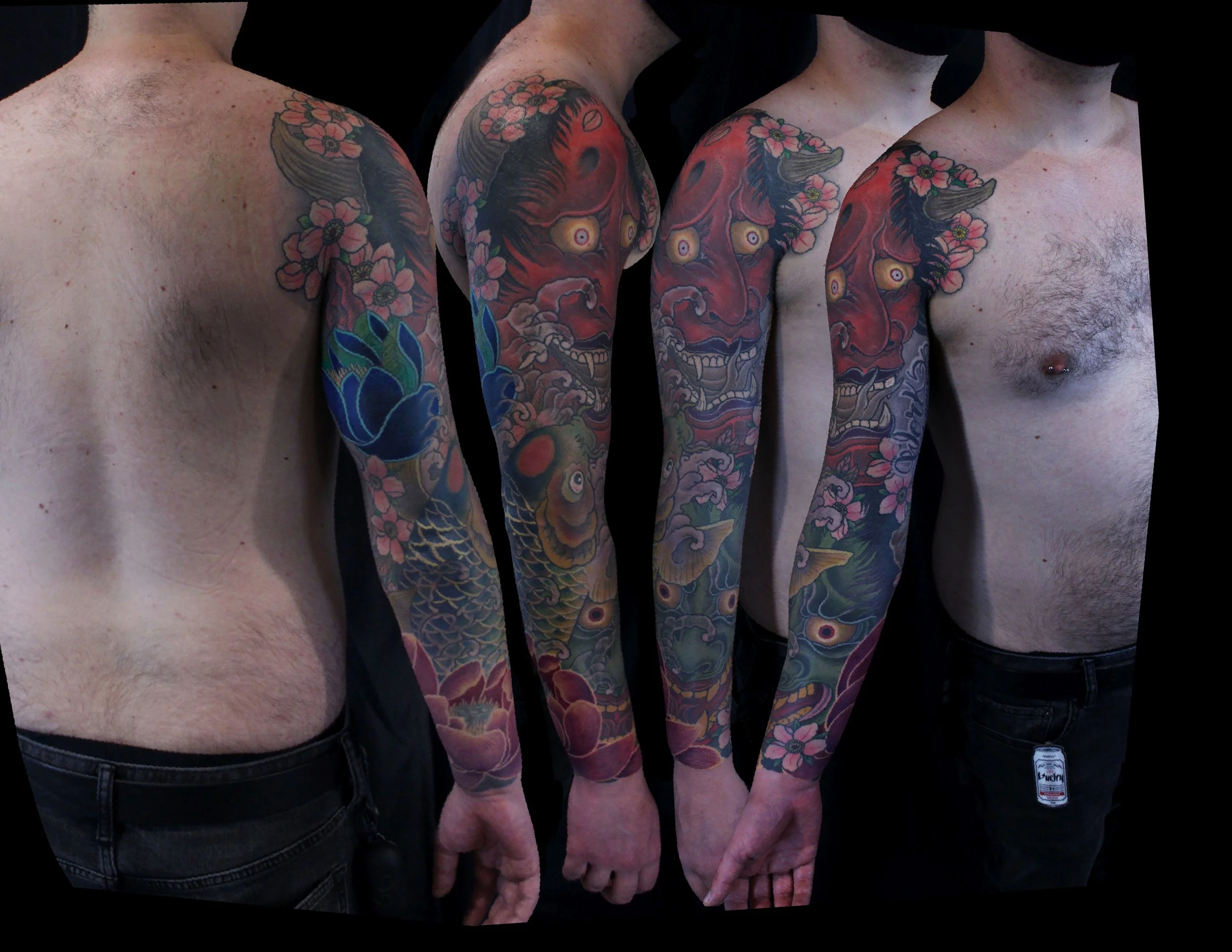 A tattooed man showing a colorful Japanese-style tattoo of a fierce red demon, cherry blossoms, a fish, and waves on his right arm, with the image repeated from different angles.