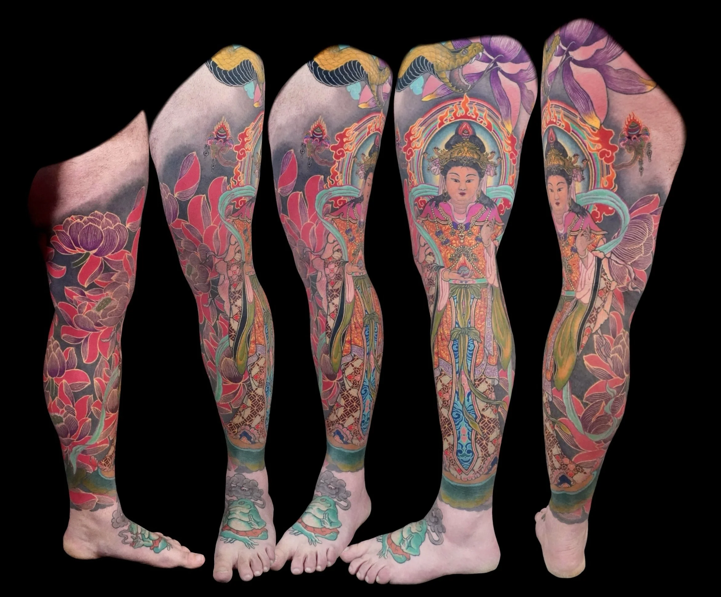 A collage of five tattooed legs with traditional Japanese-style tattoos featuring colorful figures, flowers, and mythical creatures against a black background.