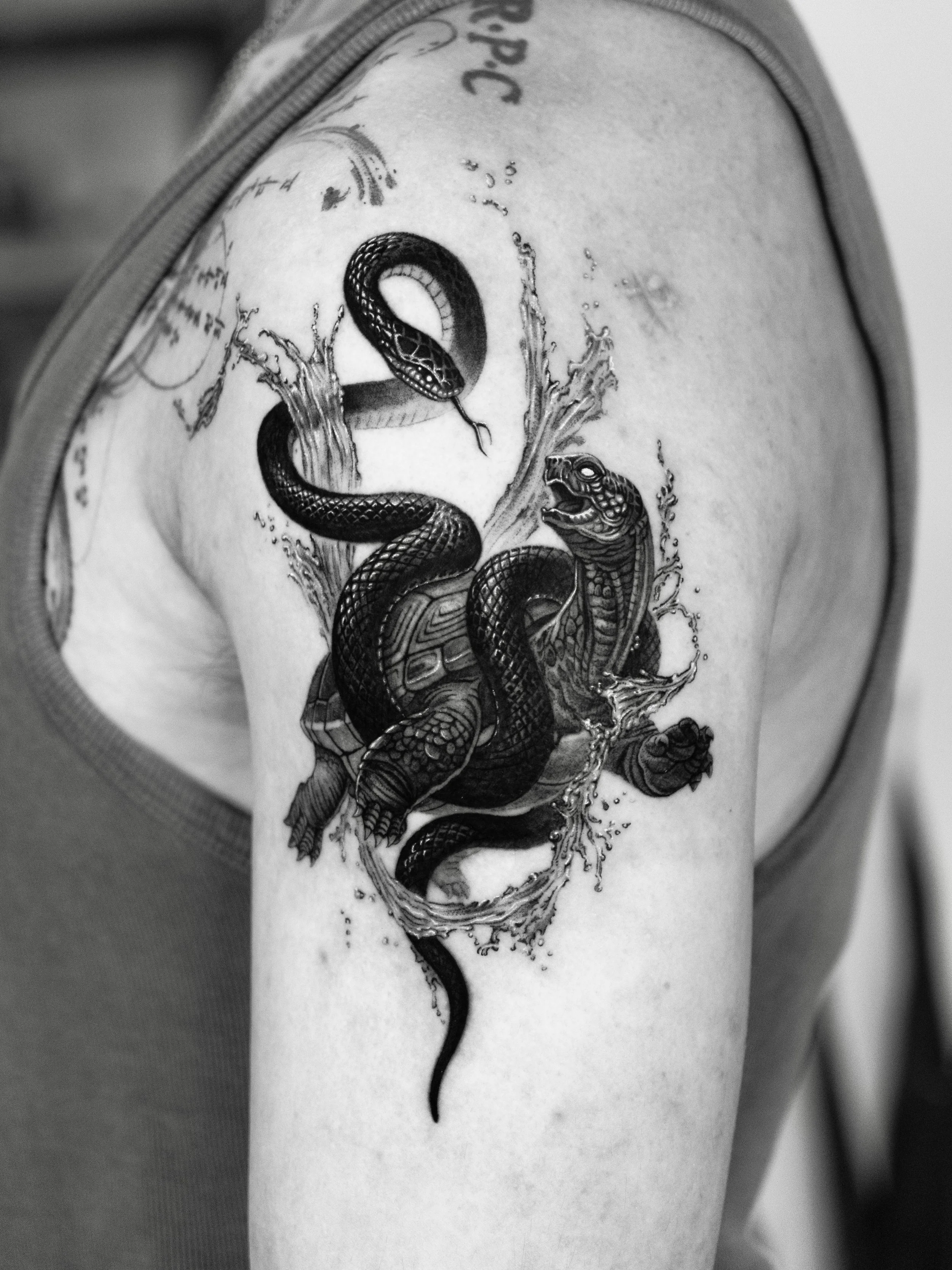Black and gray tattoo of a snake entwined with a turtle on a person's upper arm.