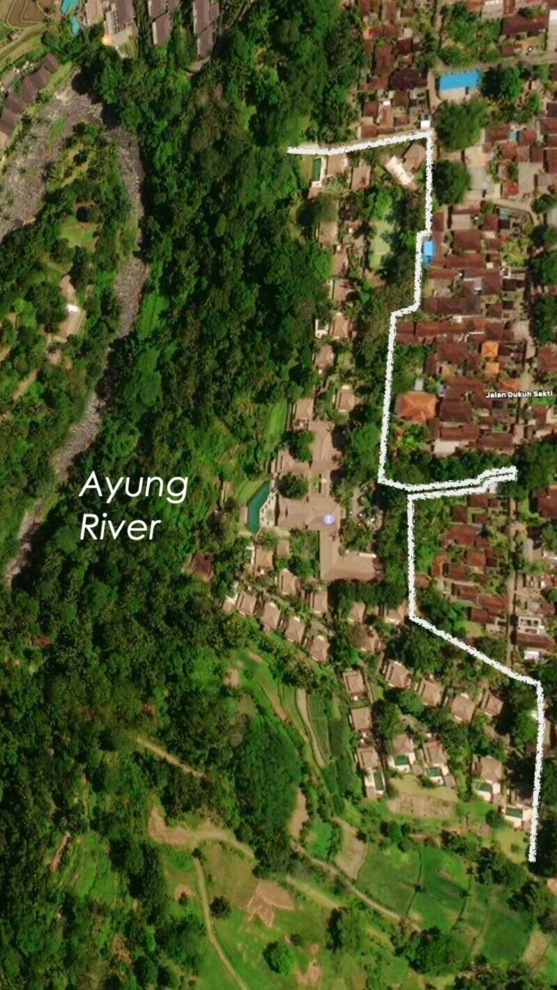 Assume land lease of resort overlooking the Ayung River (flowing north to south) with the Ubud village to the right (east)