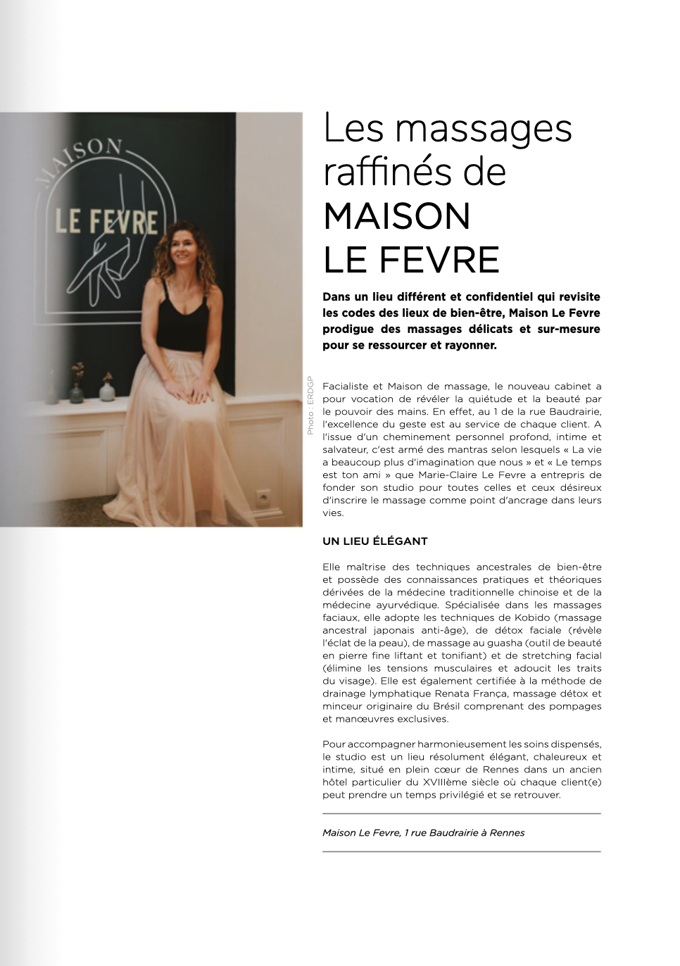 Mention de Maison Le Fevre et de la facialiste Marie-Claire Le Fevre dans le magazine Mlle Adèle Rennes