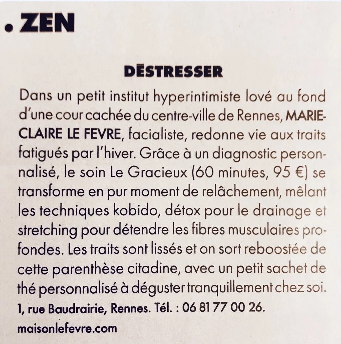 Mention de Maison Le Fevre et de la facialiste Marie-Claire Le Fevre dans le magazine ELLE