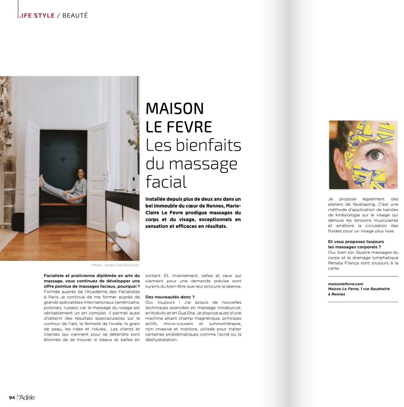 Article du magazine Mlle Adèle Rennes présentant Marie-Claire Le Fevre facialiste et fondatrice de Maison Le Fevre