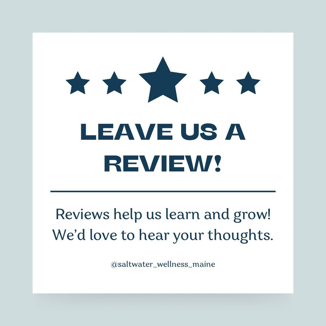 We would love to hear your thoughts and feedback!

Reviews can be posted on Google, Yelp, or Vagaro.

If you have a moment this weekend and you&rsquo;re reminded of that last great reiki session or massage you had at Saltwater Wellness, tell us about