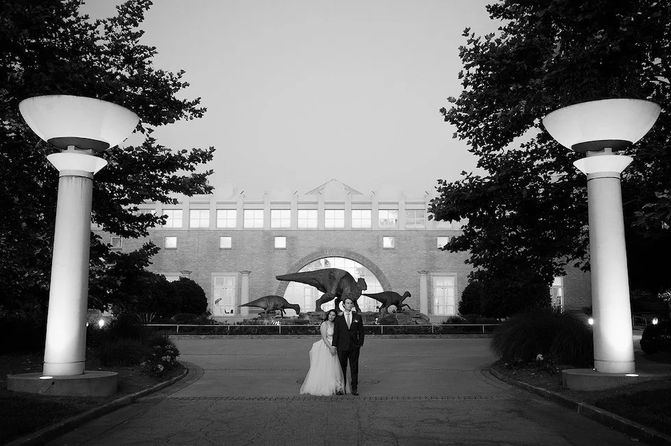 professional photography photo of a bride and groom standing outside the fernbank museum of natural history in atlanta ga