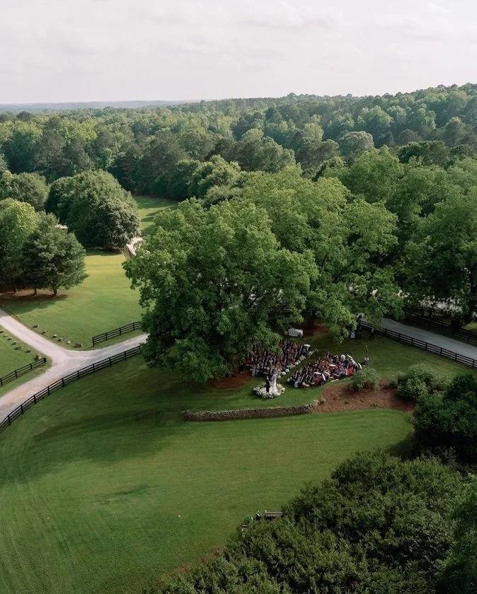 aerial view of  a wedding ceremony at the inn at serenbe