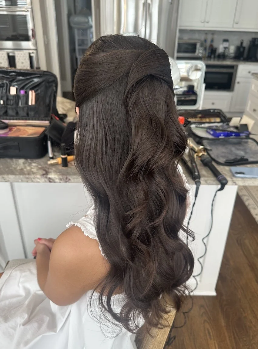 half up half down wedding hairstyle on dark brown hair