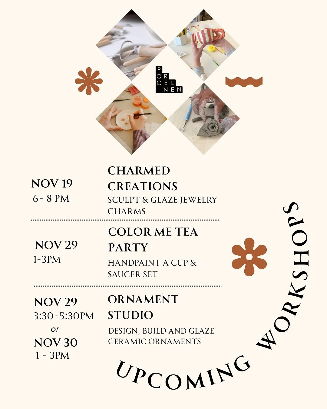Tis the season of tea parties and tiny things!! All the itty-bitty workshops are back. If you wanna work with clay and glaze tiny sculptures that you can wear or hang on your tree or houseplants&mdash; these are the ceramic events for you. 🎨 If you&