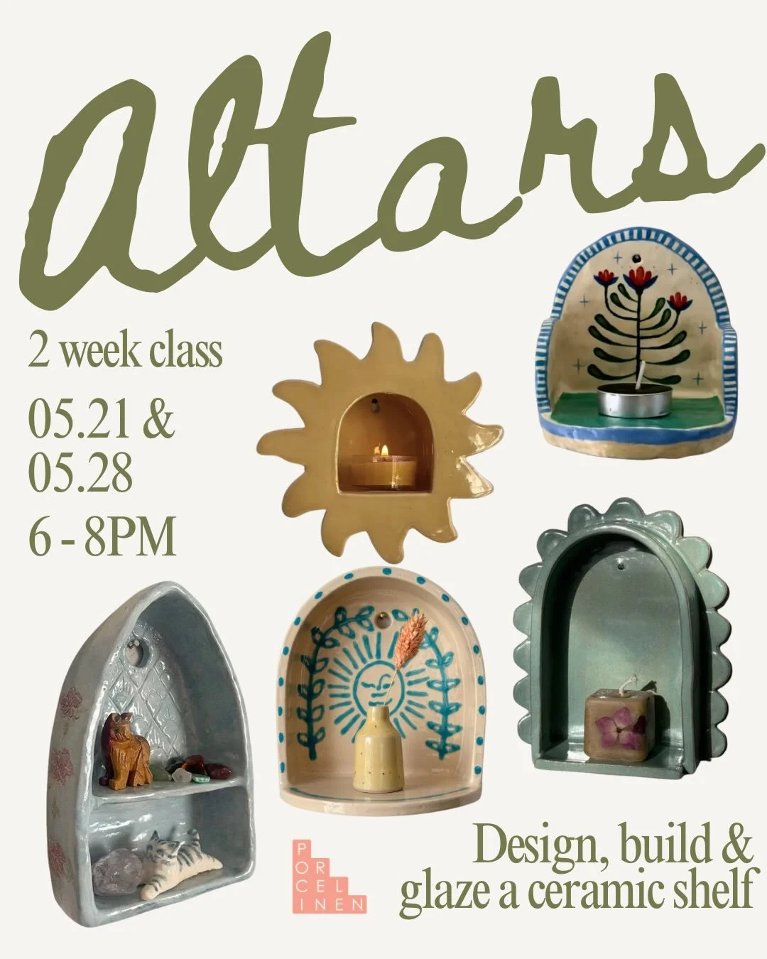 A lot of you asked me to repeat this workshop- so here it is! It&rsquo;s Taurus season and I know you need something to display all the cool rocks you found. Come make ab altar out if clay!! Then glaze it the following week. No experience required. T