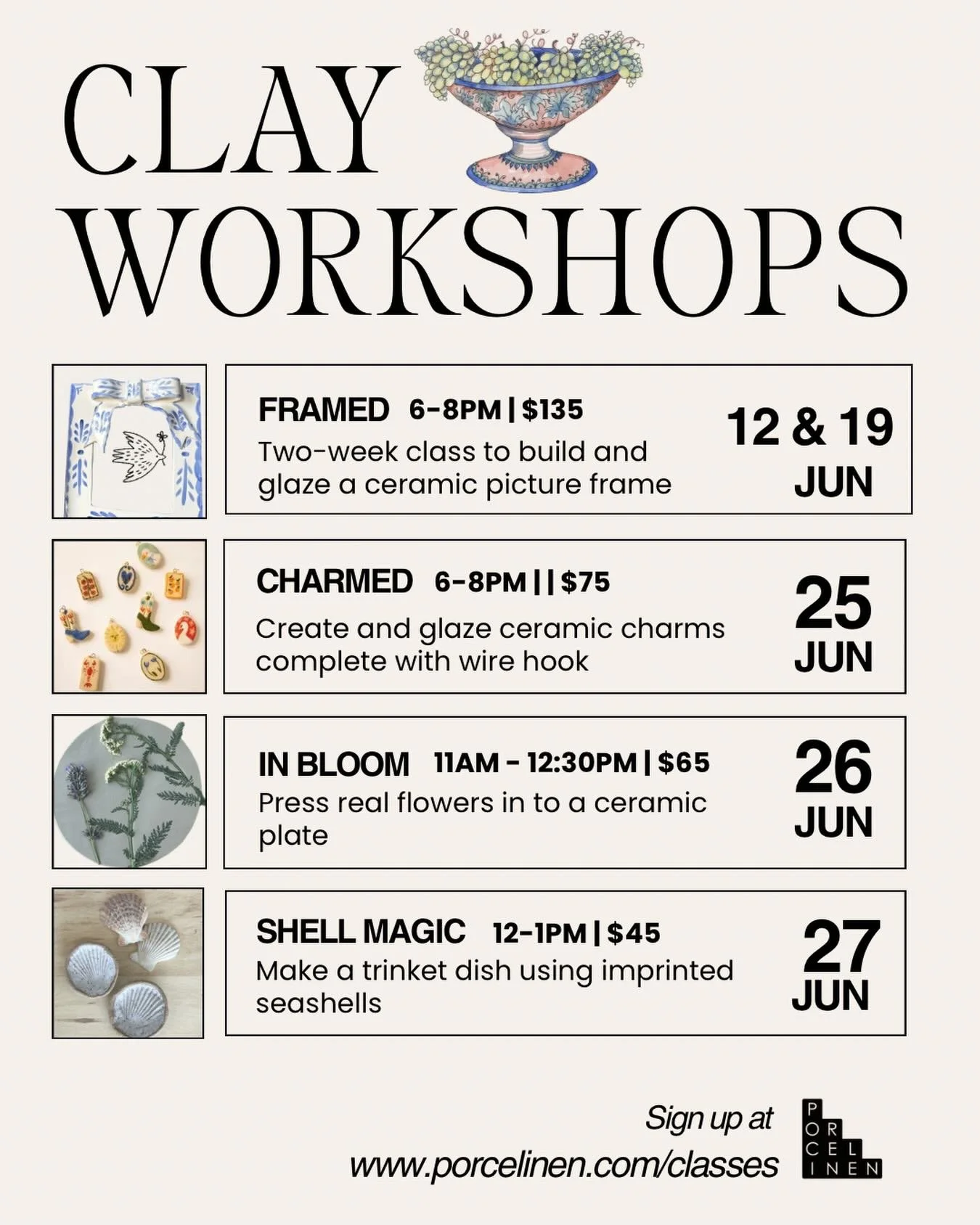 All the fun workshops happening at the studio for the beautiful month of June! Sign up to reserve your spot. 🌸