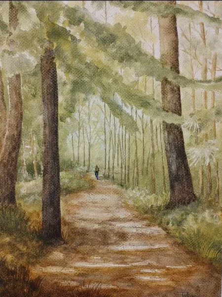 watercolour painting of tall trees with figure walking down a path through the center