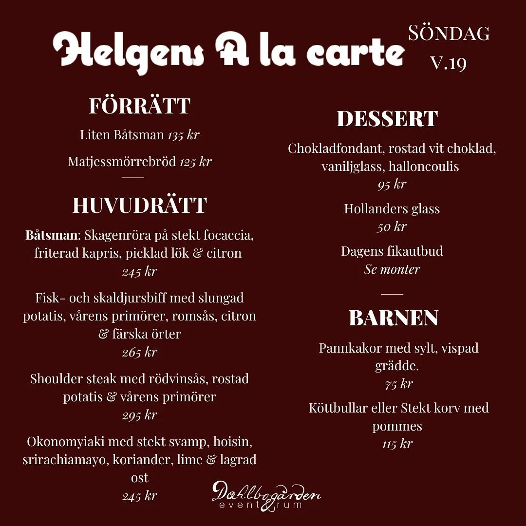 A la carte på söndag🤎
Ikväll har vi stängt för A la carte och imorgon har vi stängt både lunchen och kvällen eftersom vi har abonnerat. Men på söndag har vi öppet precis som vanligt mellan k